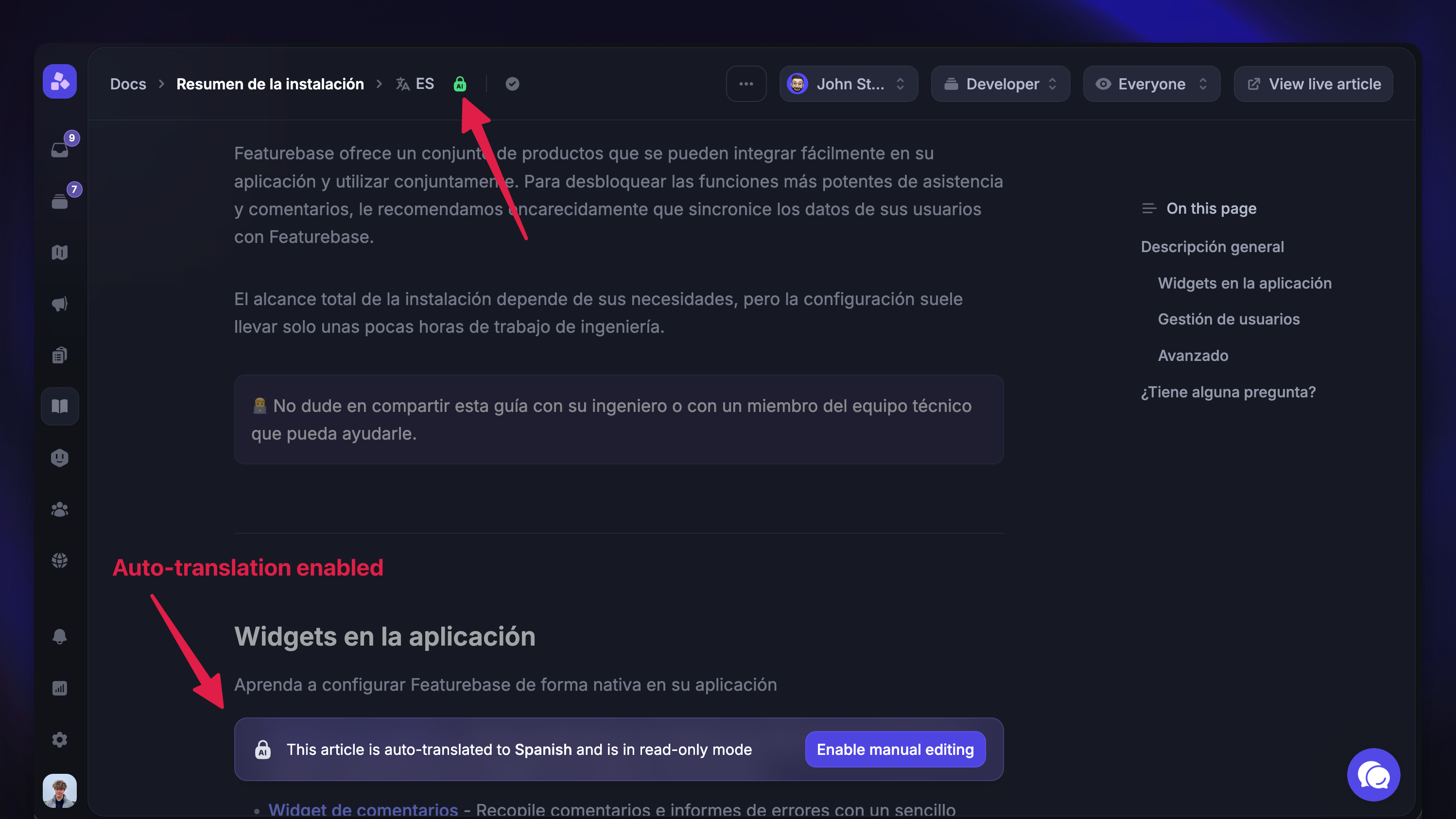 All auto-translated article locales will show the AI autotranslation icon and are locked for editing.