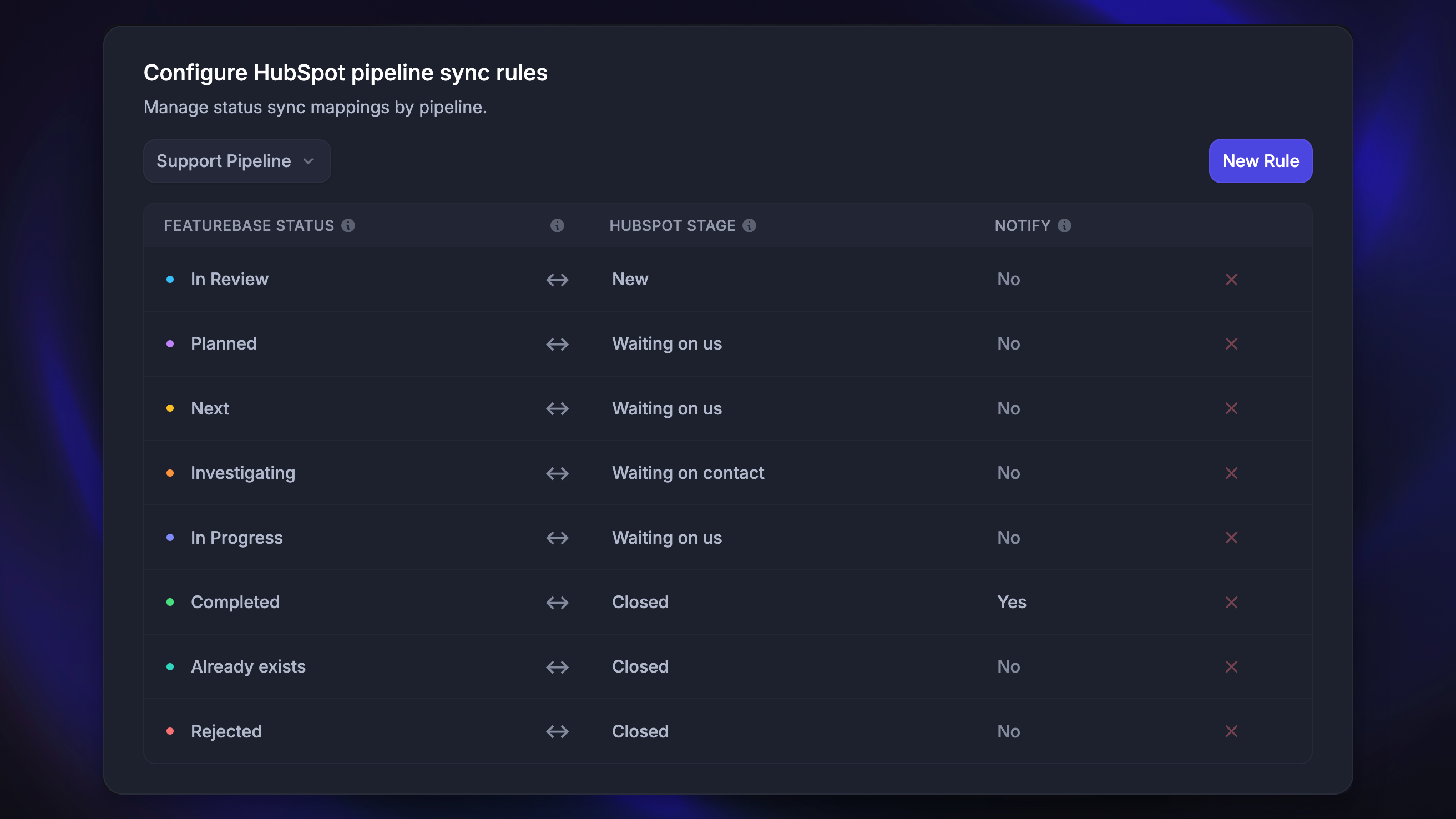 HubSpot integration ticket sync rules with Featurebase.