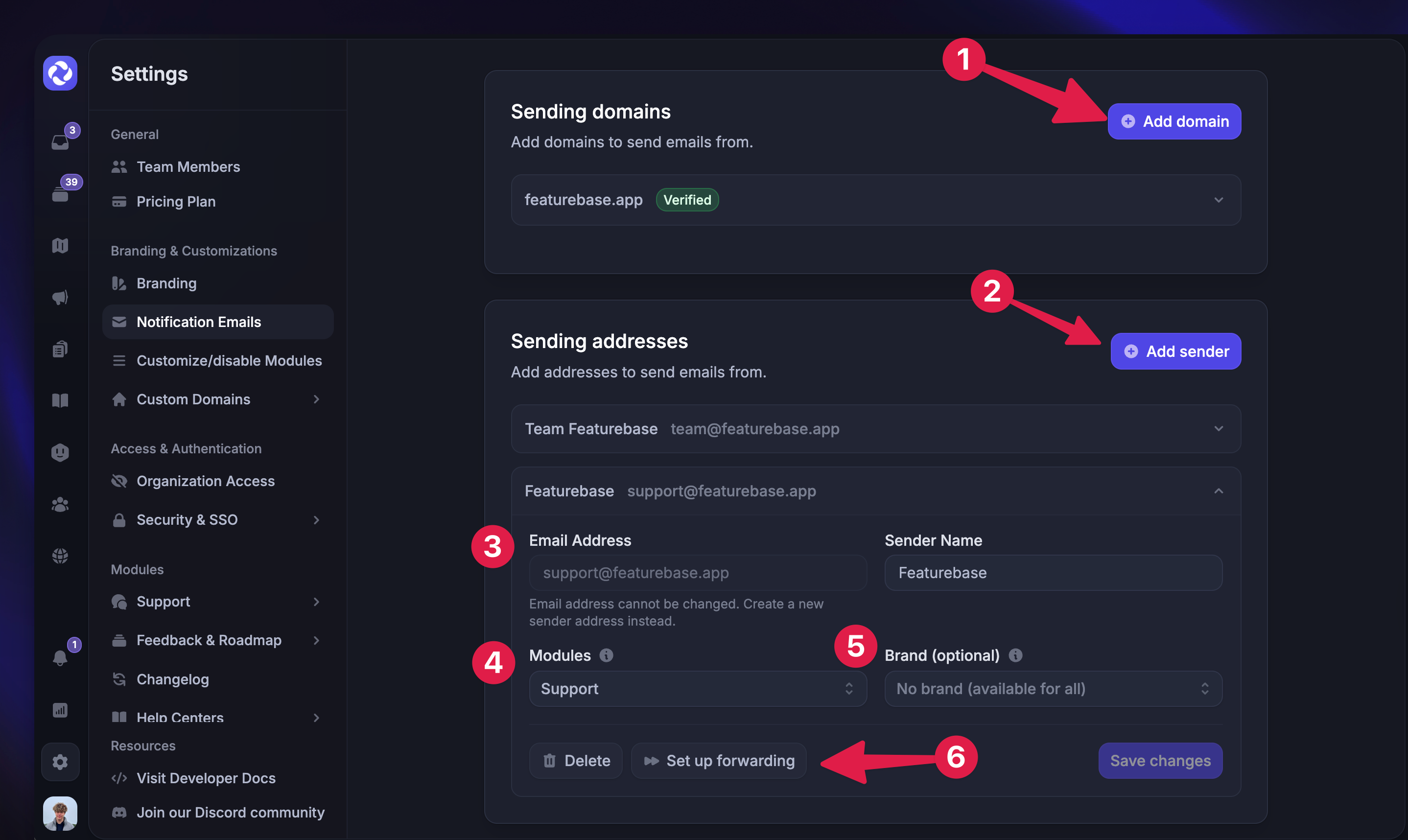 Connecting your email support channel in Featurebase's settings.