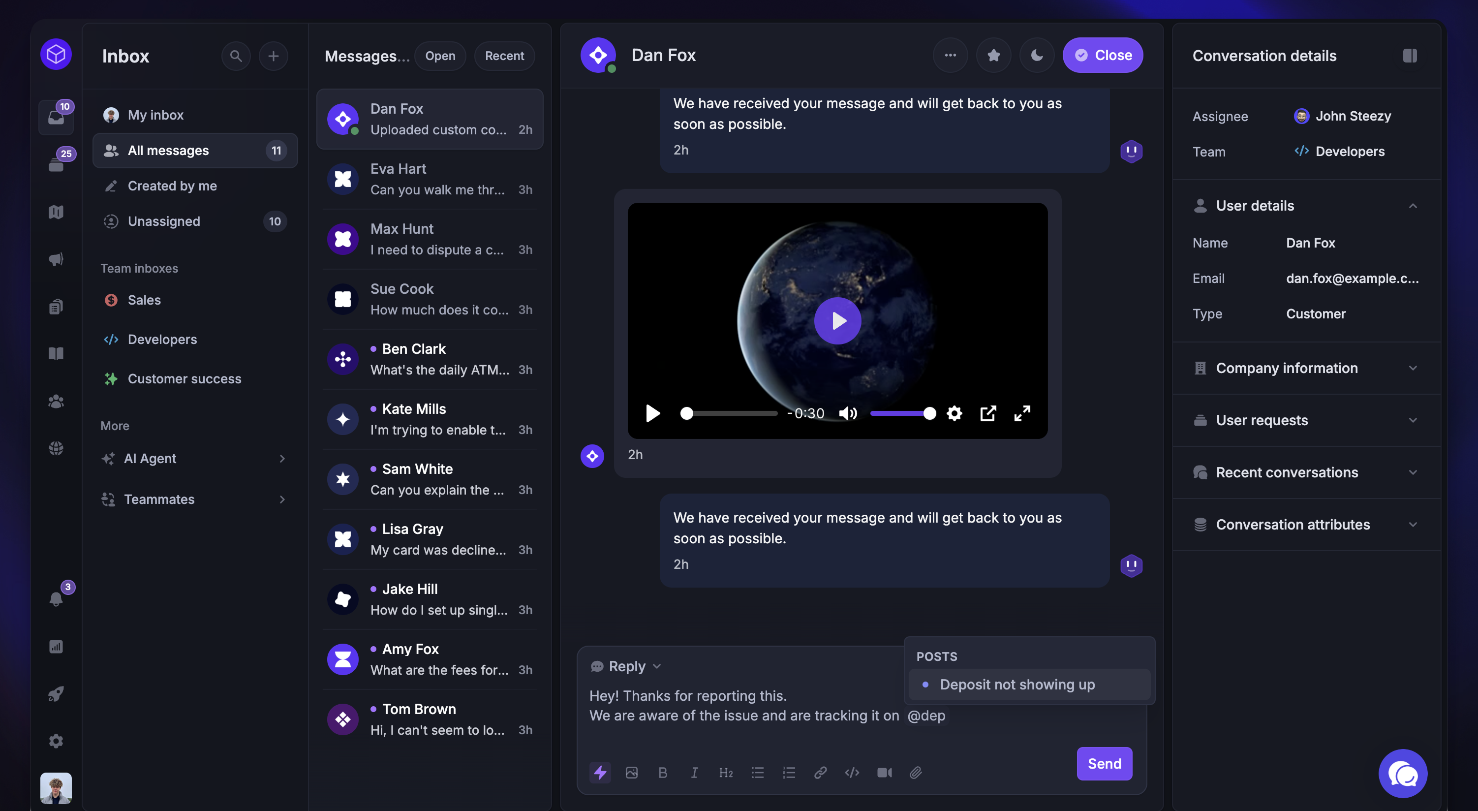 Feautrebase's omnichannel support inbox.