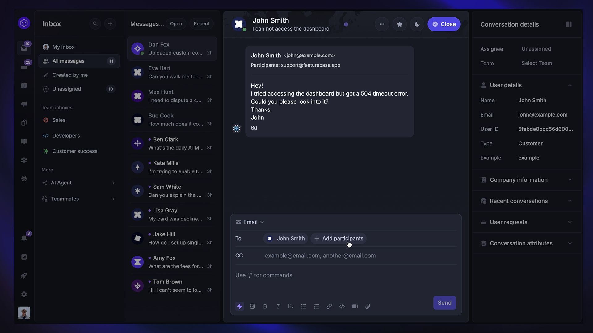 Featurebase's support inbox with an email conversation.
