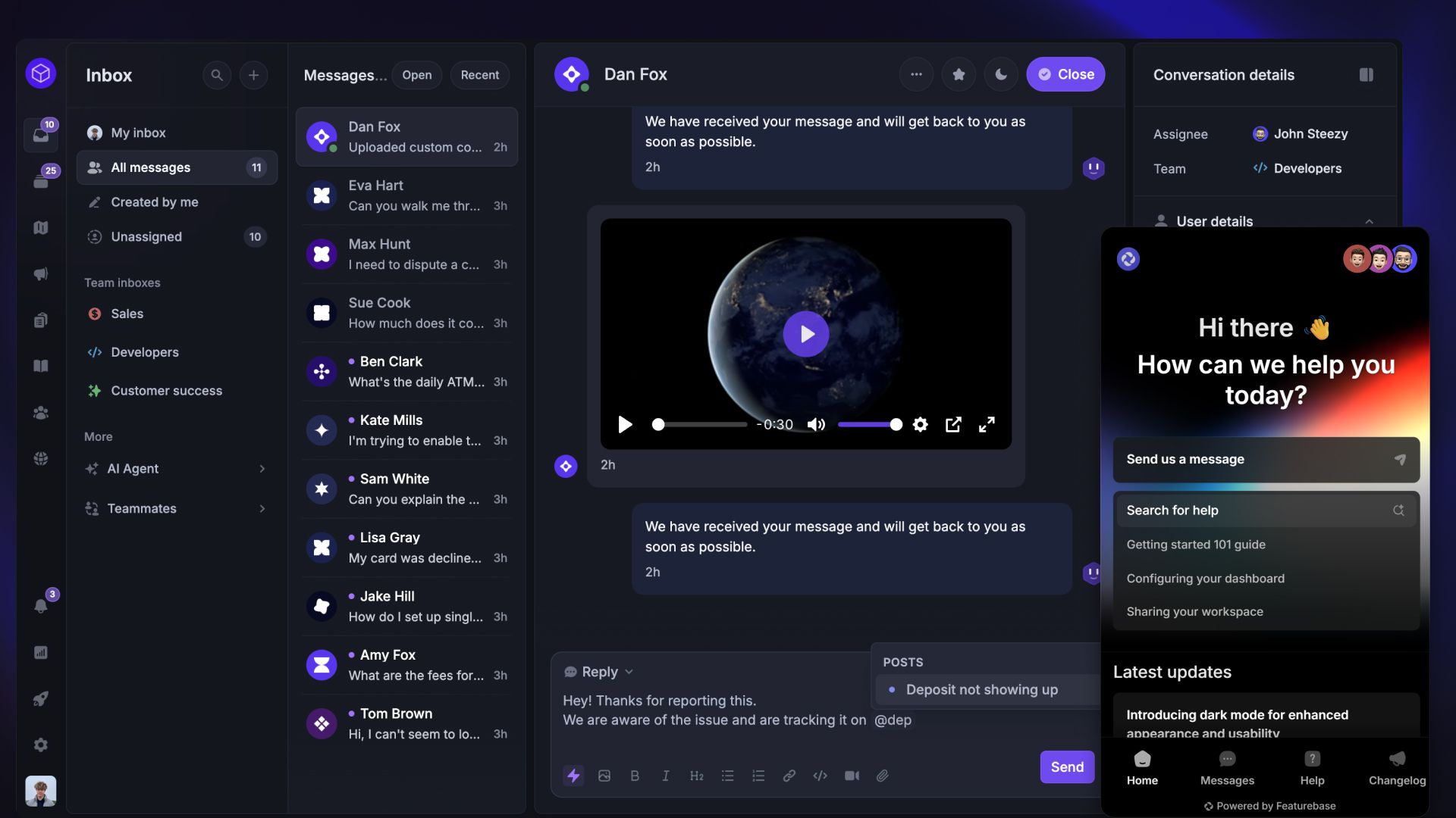 Featurebase's customer support inbox and embeddable Messenger widget.