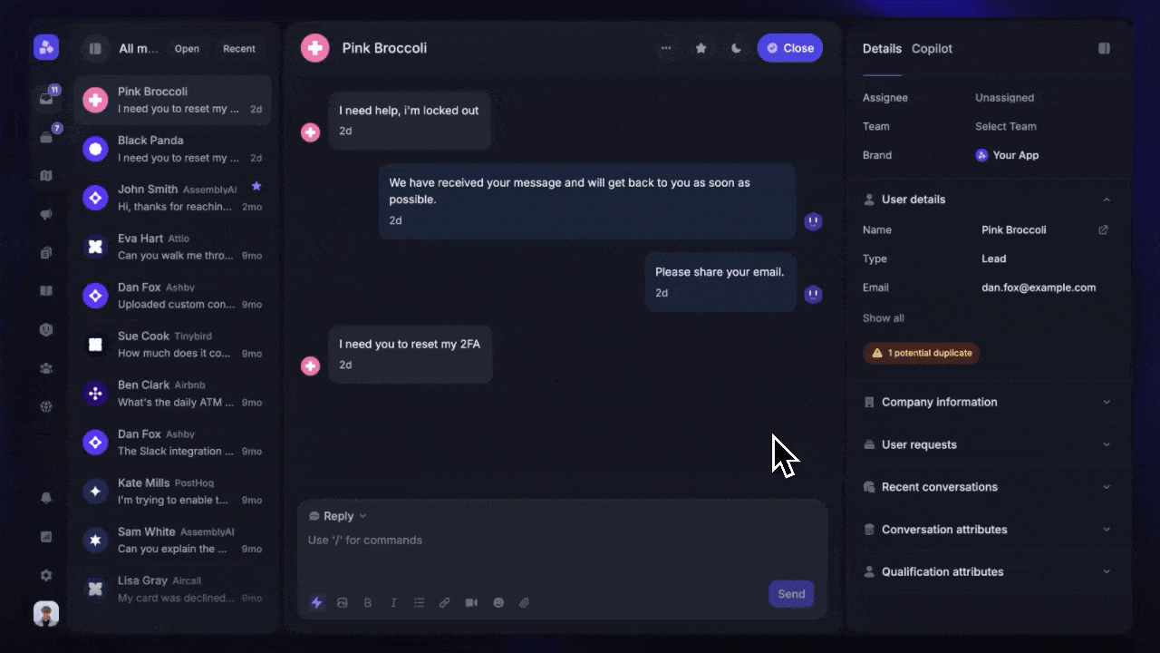 video, showing how to merge leads with users from the support inbox.