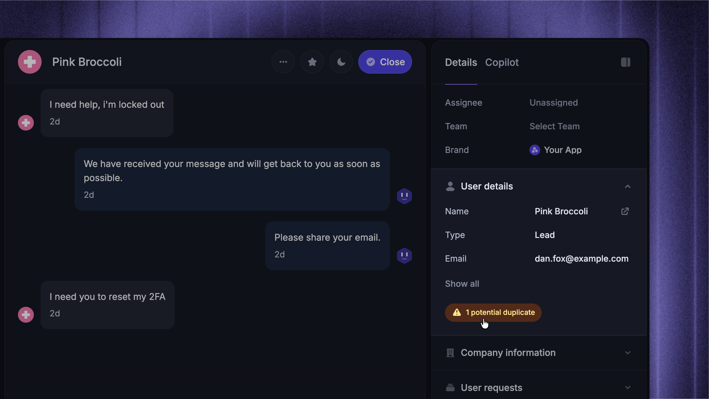Merging potential duplicate leads from the support inbox.