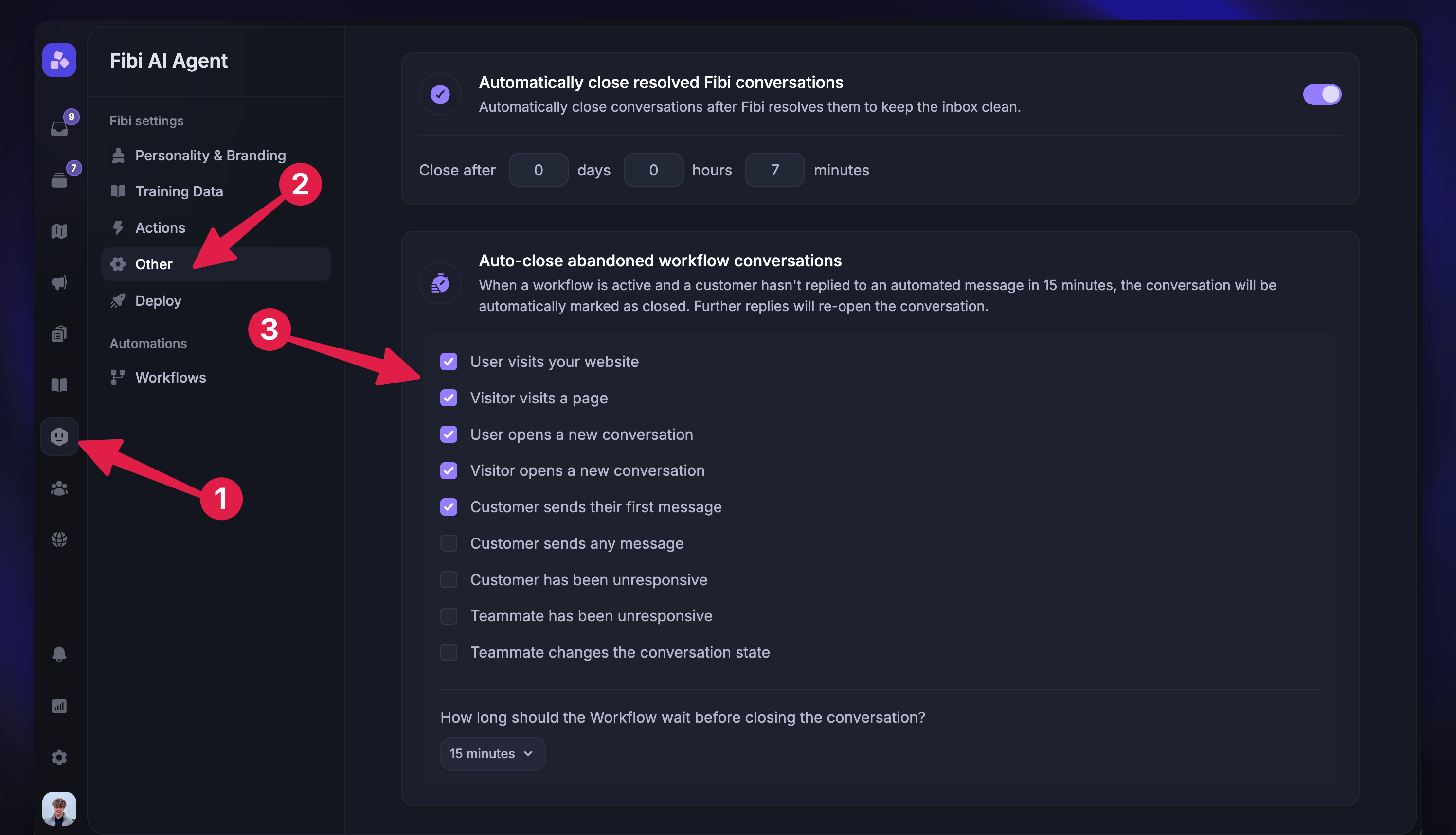 Configuring auto-close settings for abandoned workflow conversations.