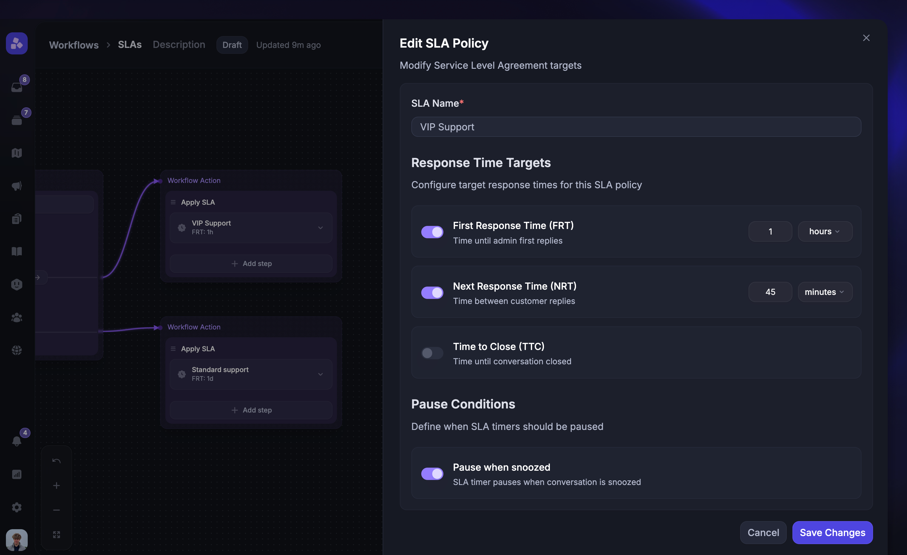 Configuring SLA rules, including FRT, NRT, TTC, and other settings.