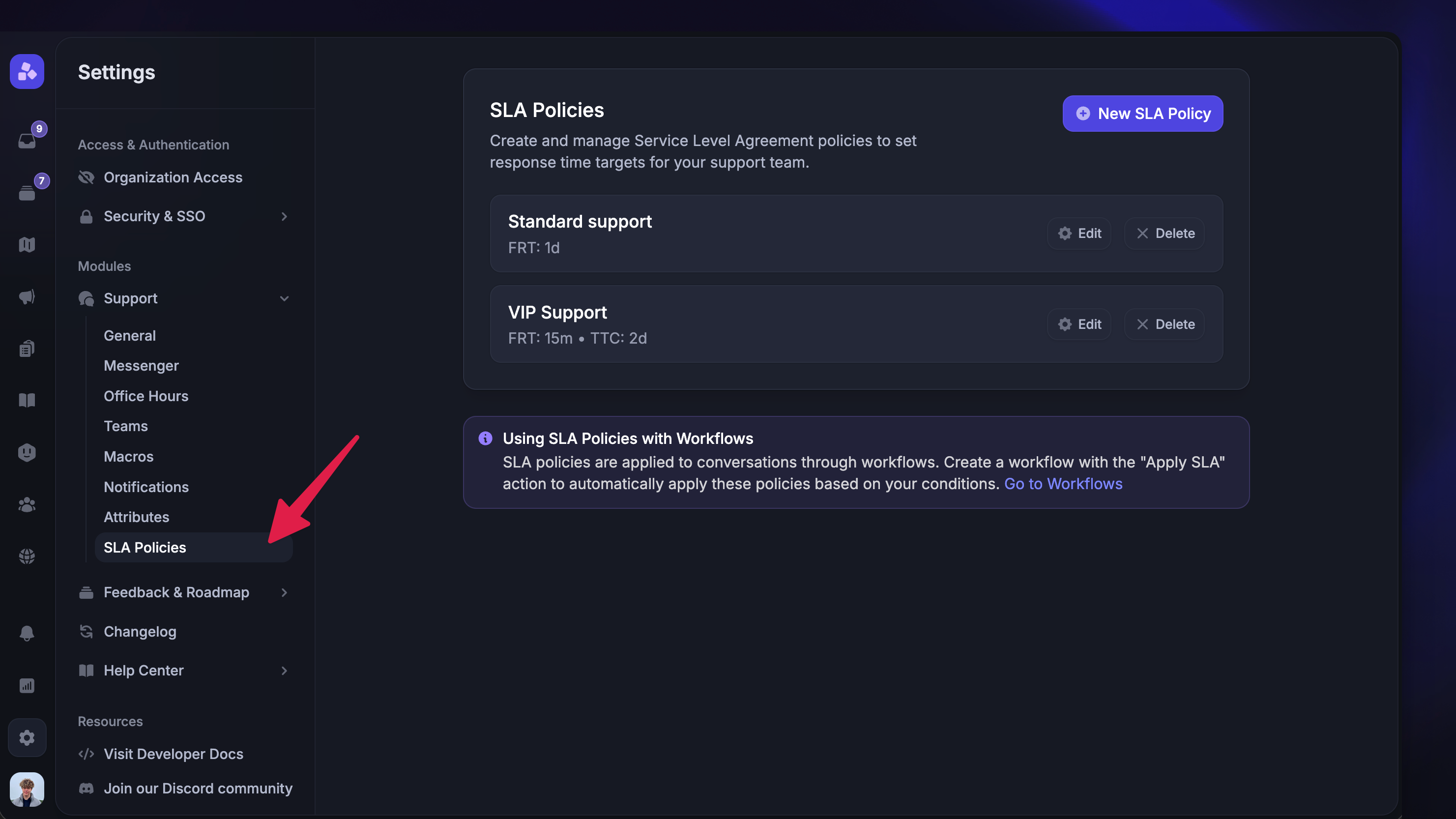 Editing and deleting SLA policies from settings.