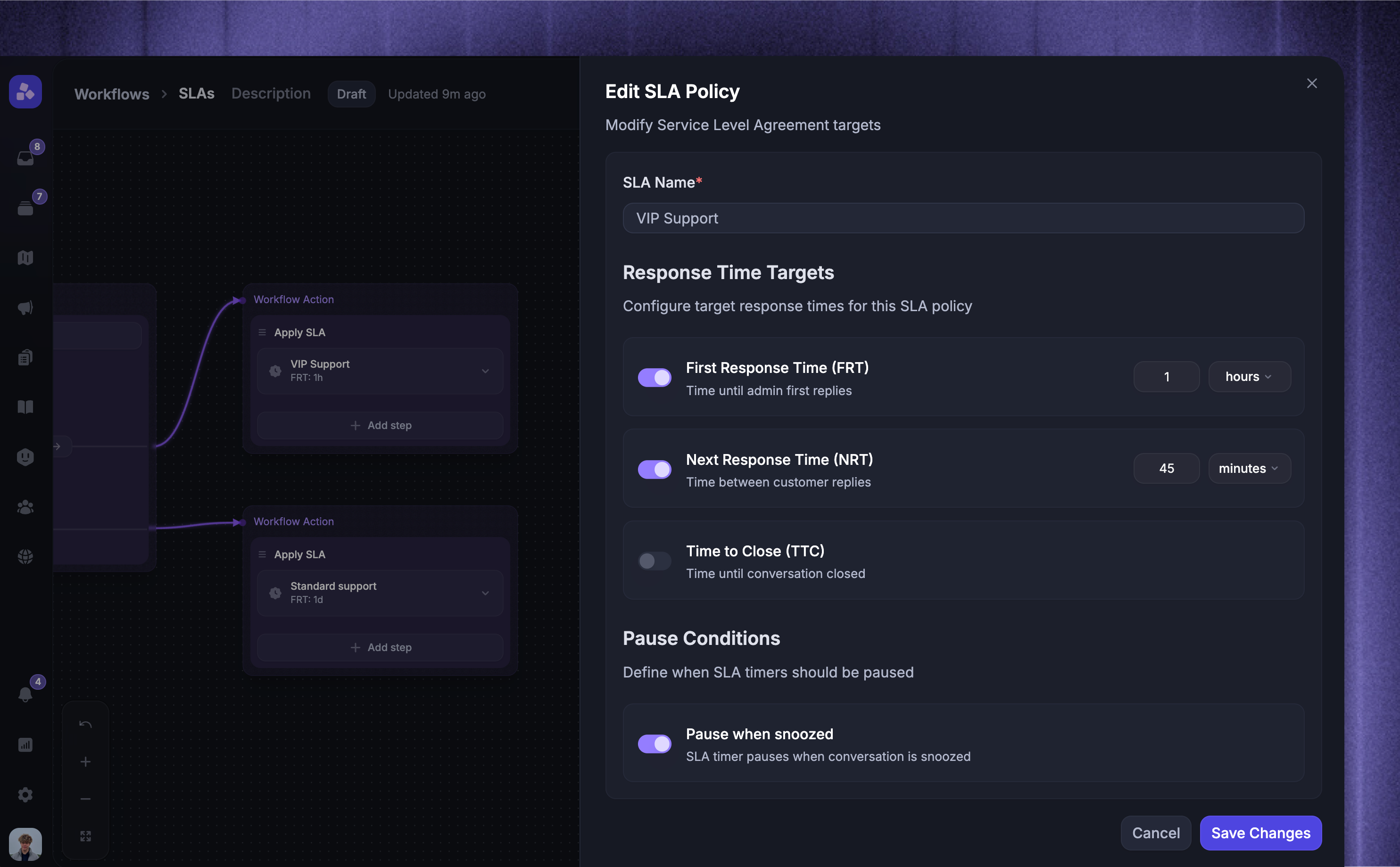 Configuring SLA rules, including FRT, NRT, TTC, and other settings.