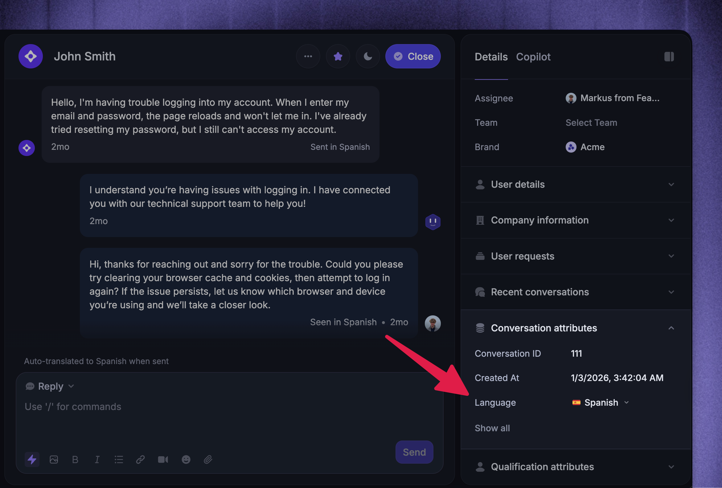 Manually viewing and changing conversation language attribute.