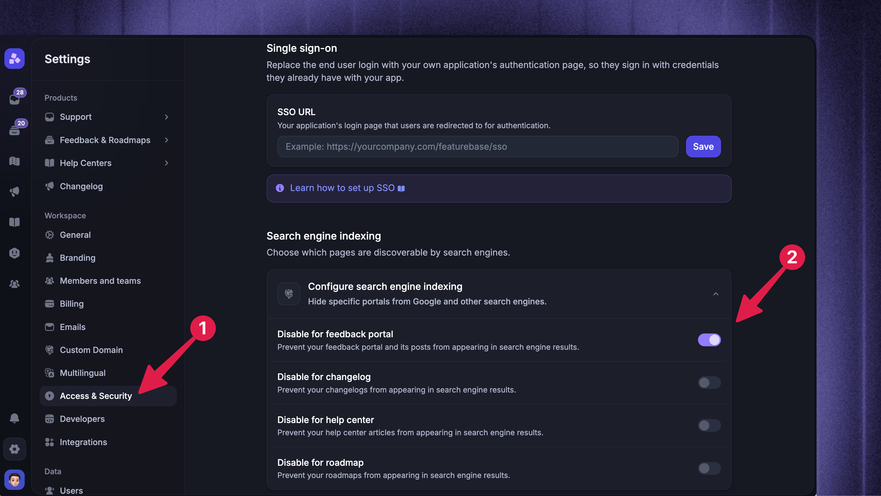 Disabling search engine indexing from settings.
