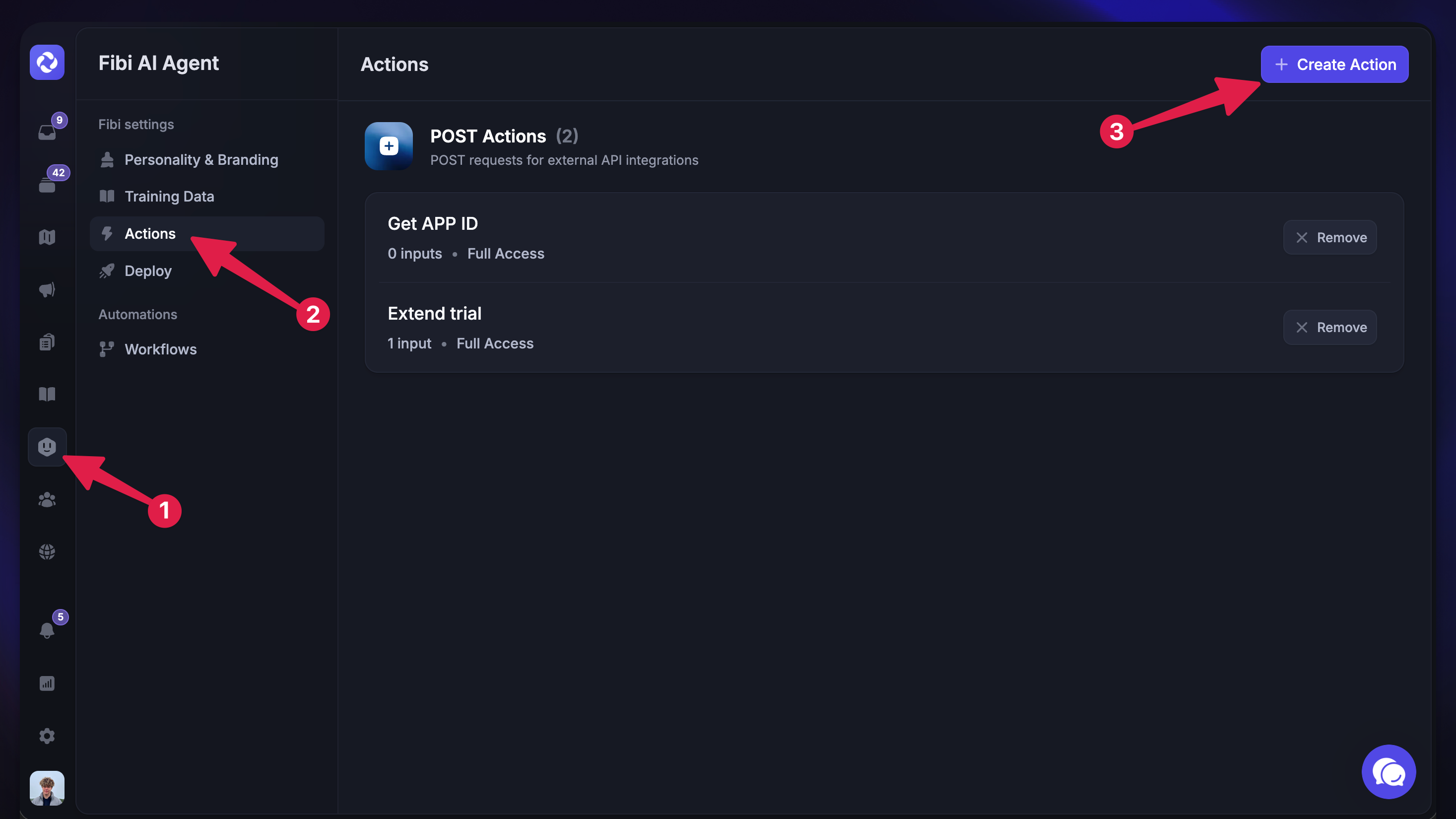 Creating custom actions (e.g. extending trials) for Fibi AI Agent.