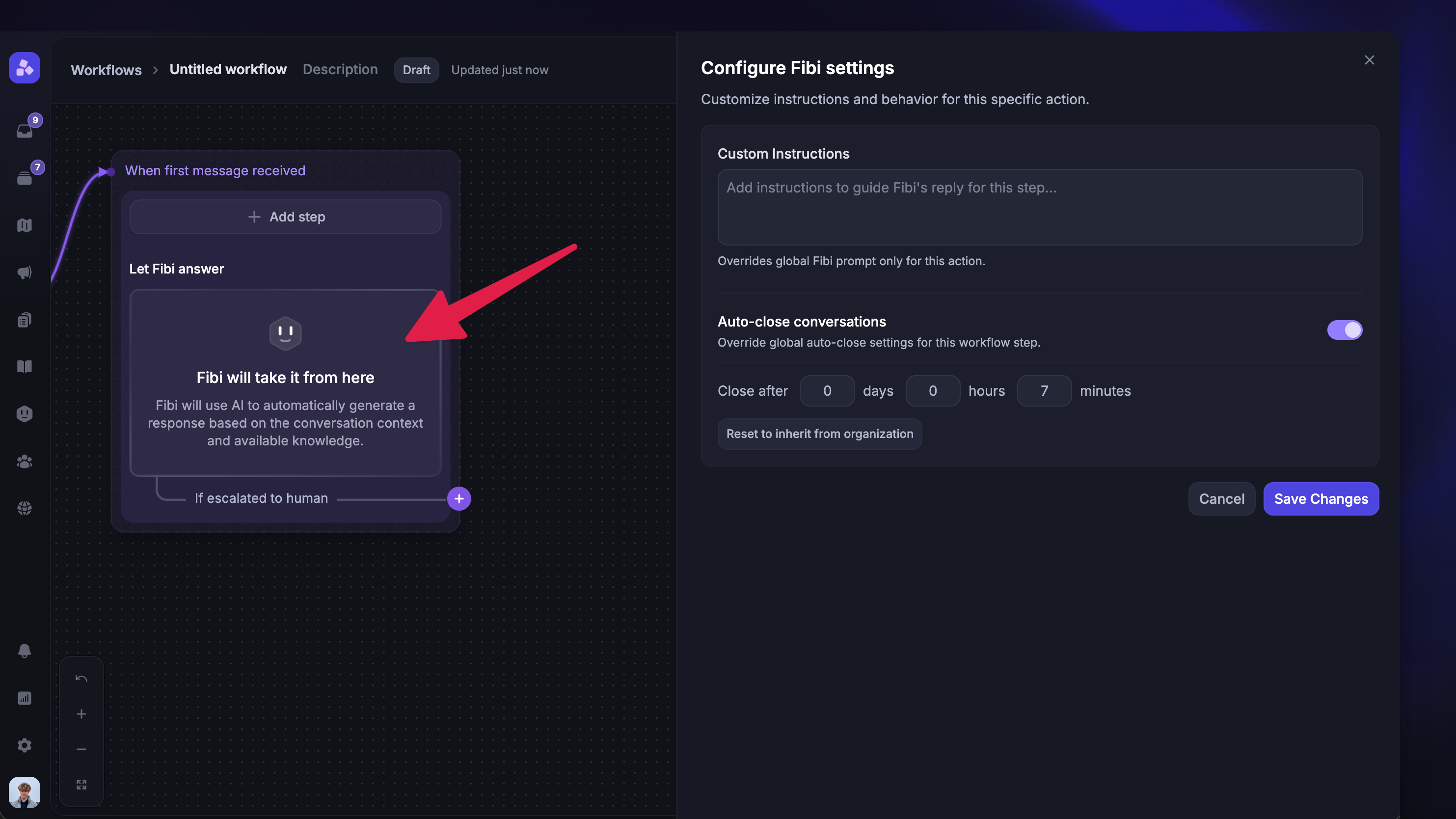 Customizing Fibi behavior and auto-close settings inside a workflow block.
