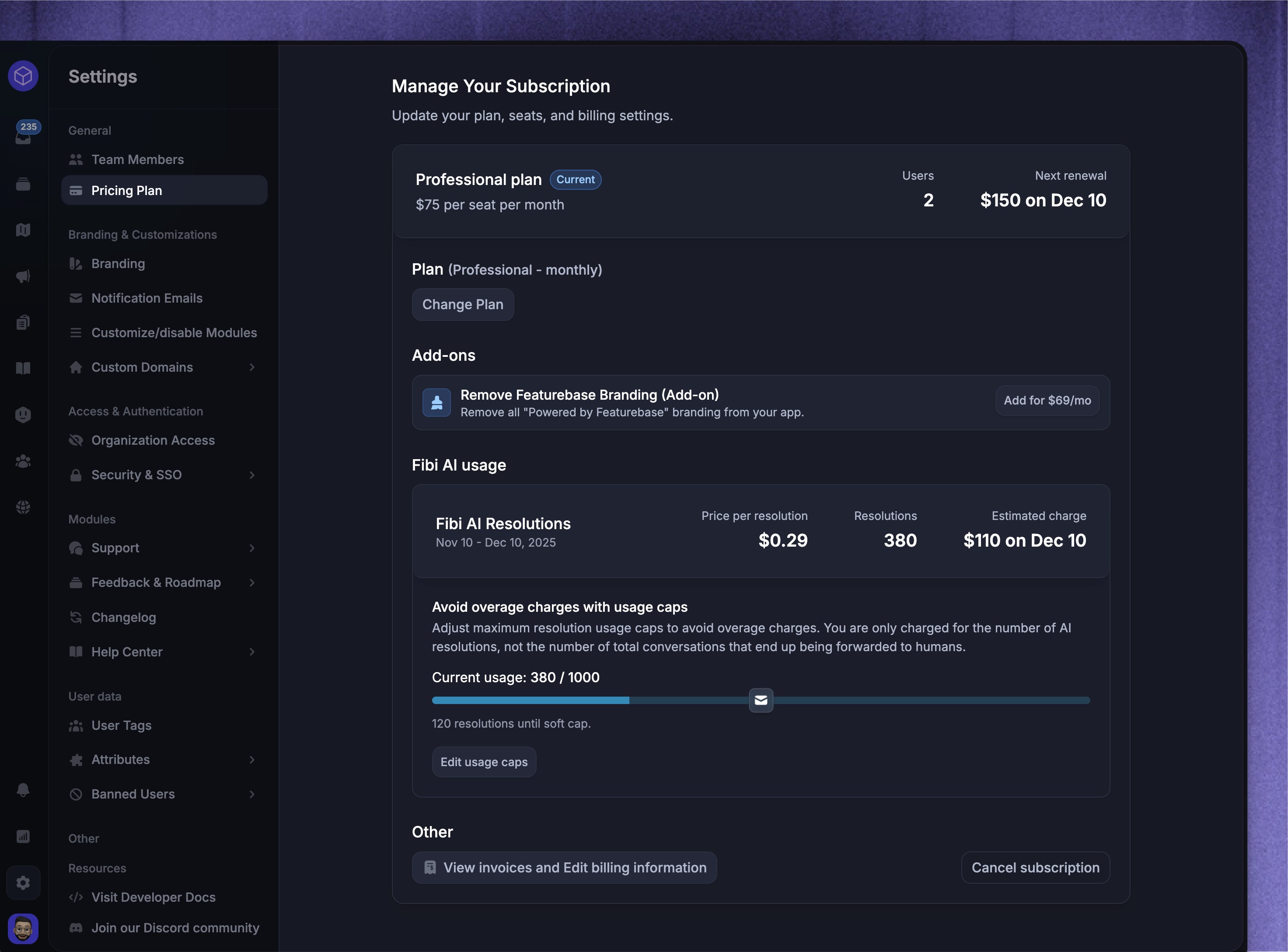 Viewing your seat and Fibi ai usage in Featurebase's settings.