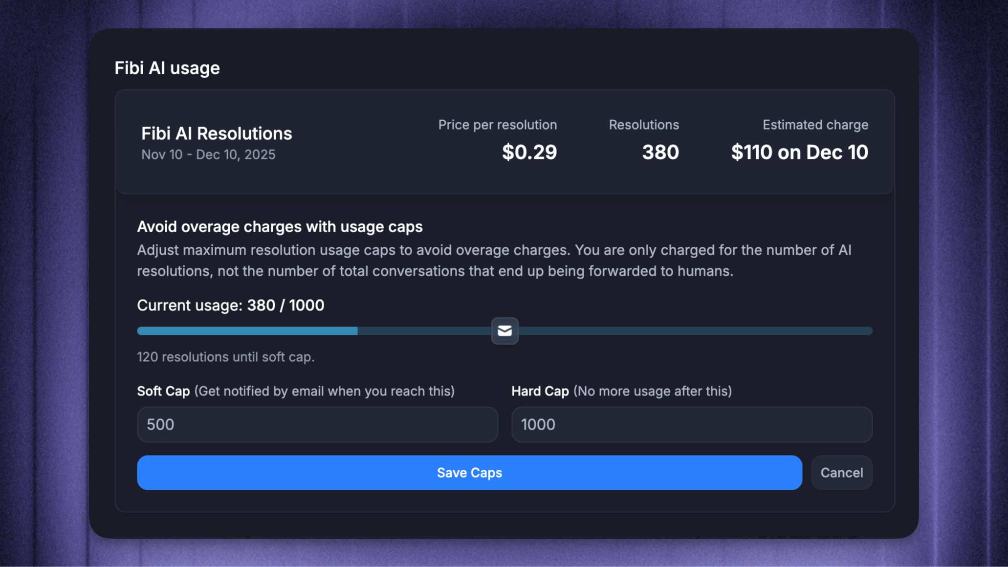 Setting Fibi AI usage alerts and limits.