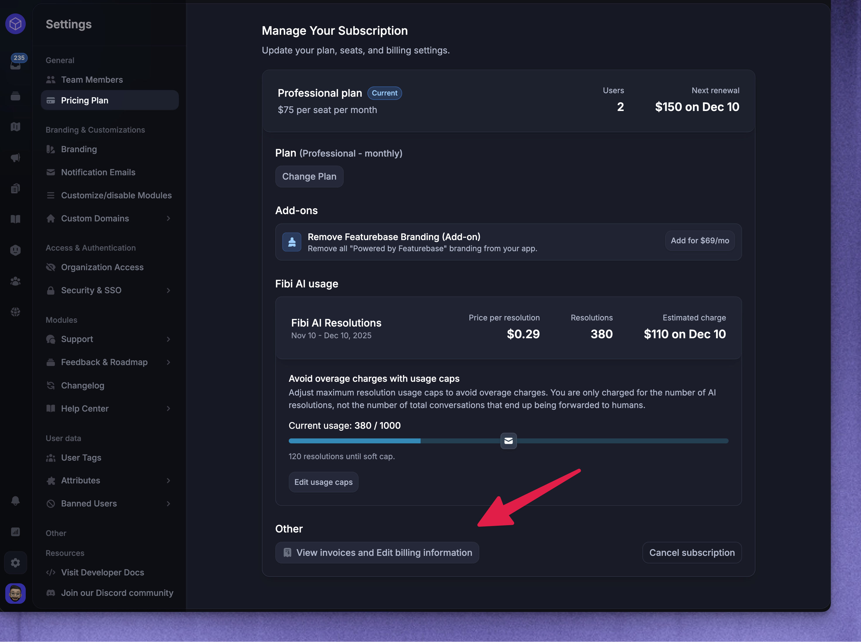 Viewing and downloading your Featurebase invoices.