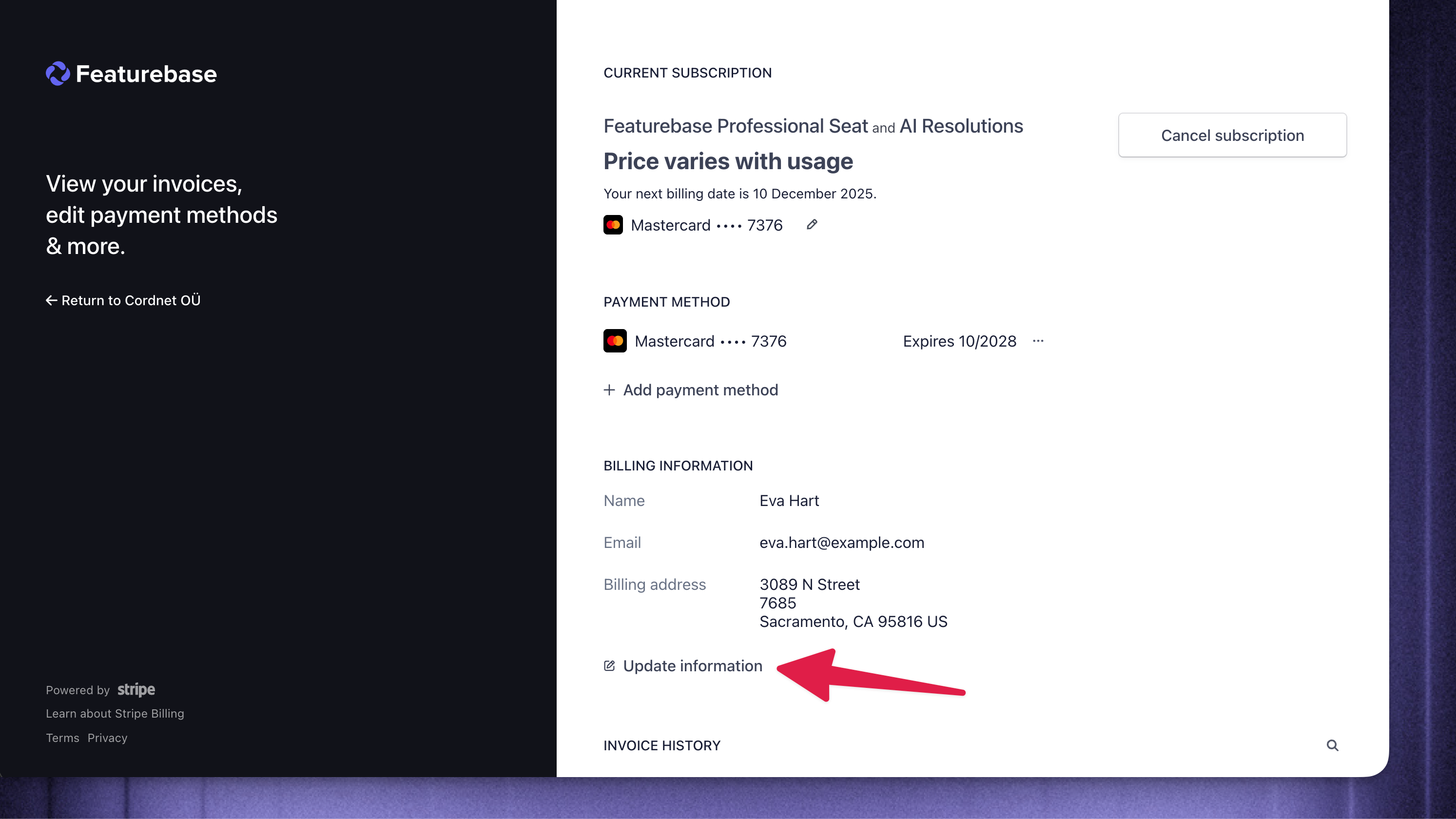 Updating your billing email address.