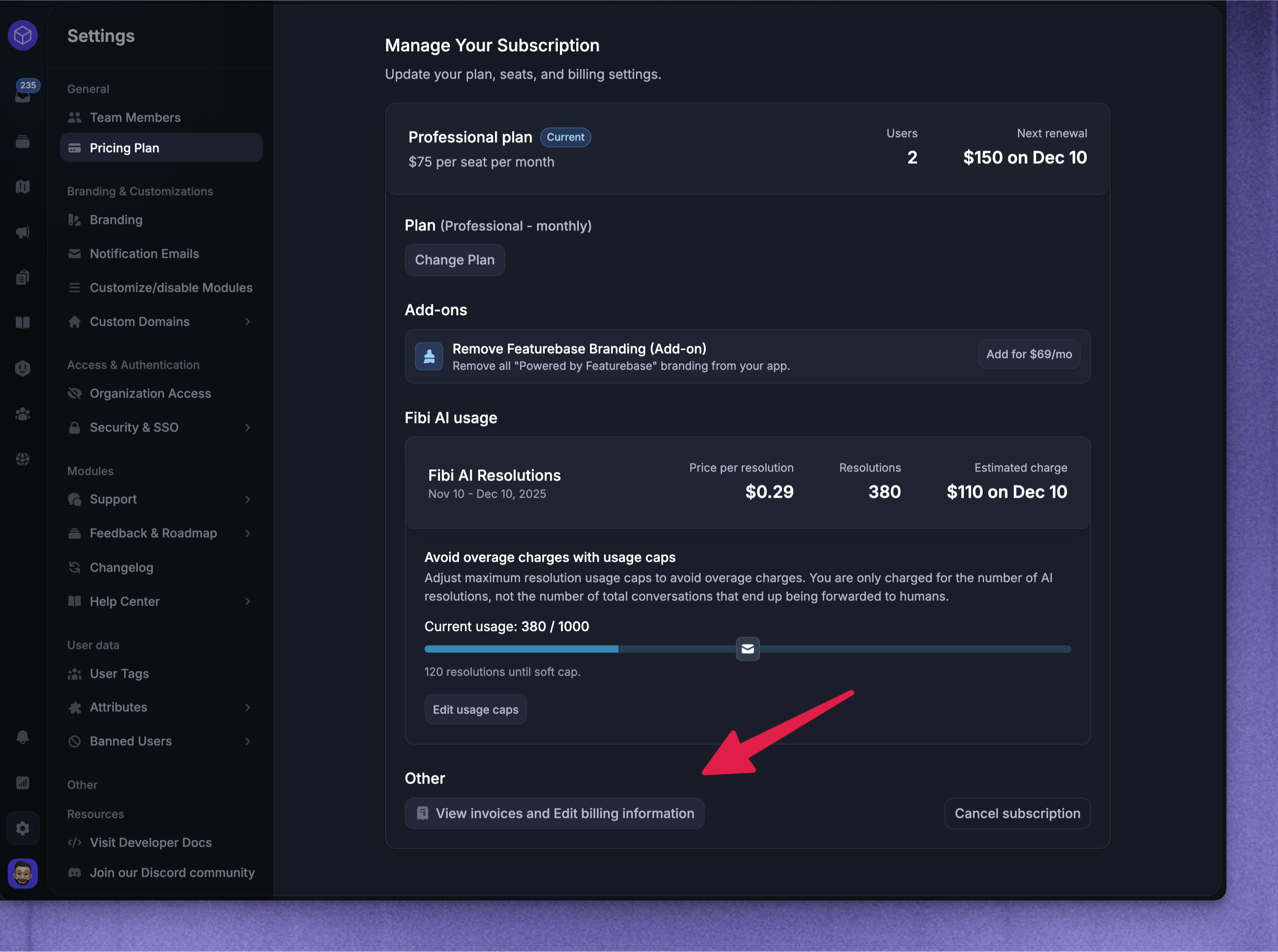 Viewing and updating your Featurebase billing details.