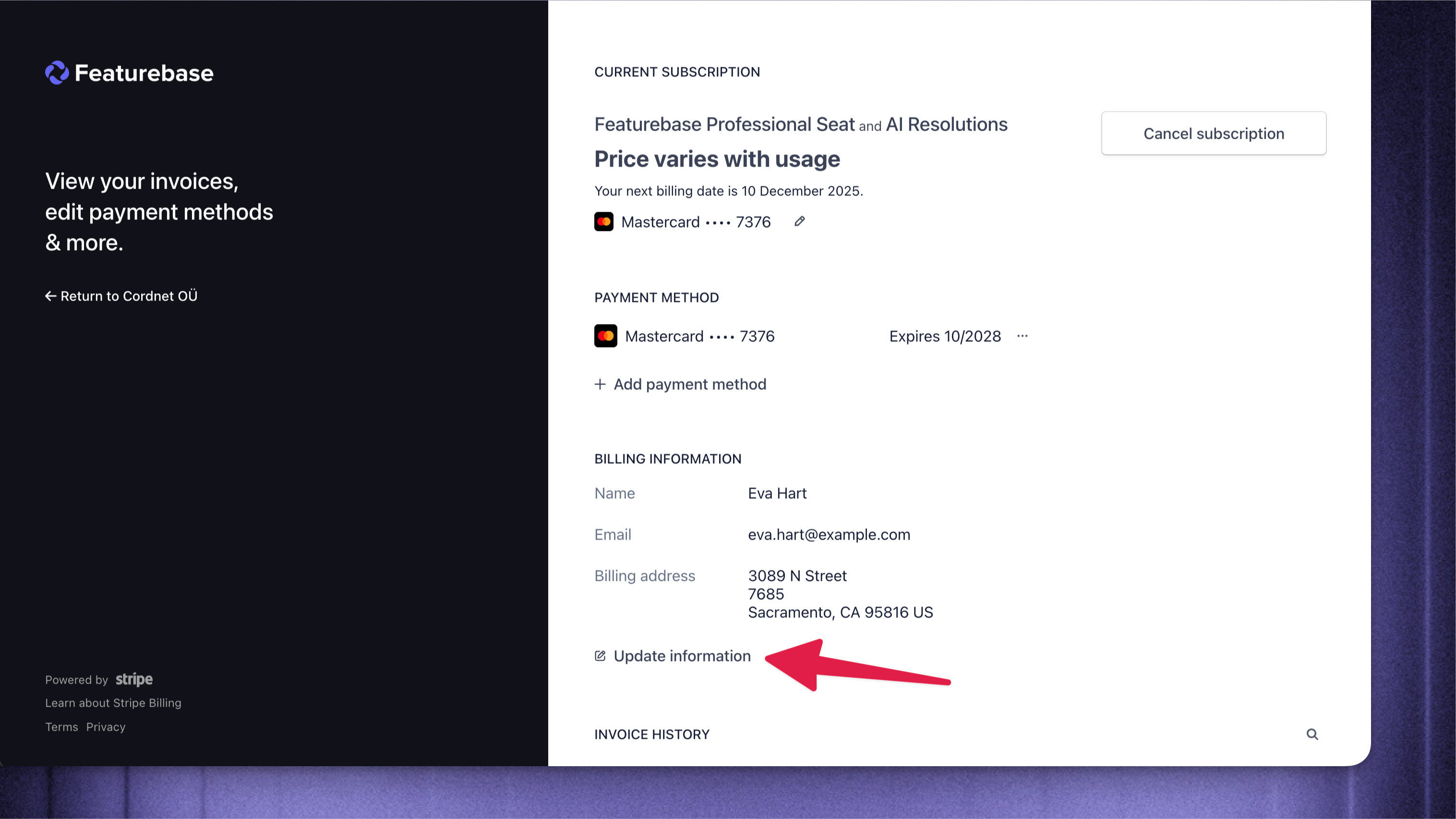 Updating your billing email address.