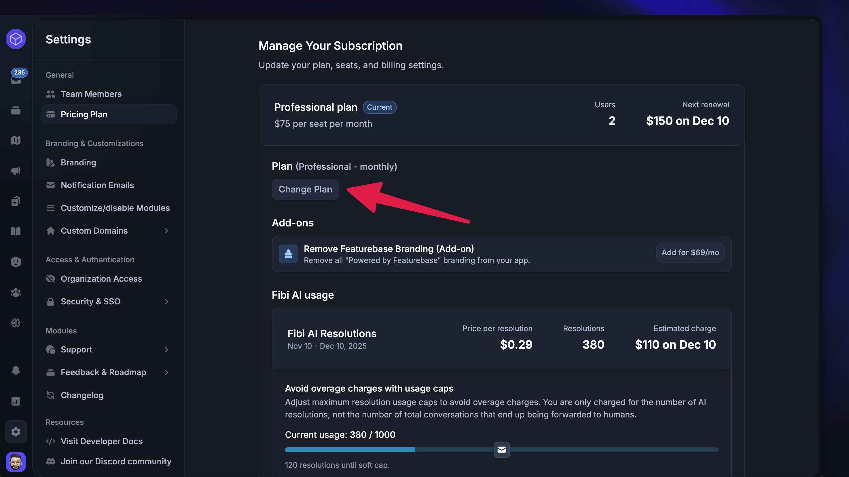 Changing your Featurebase's subscription plan.