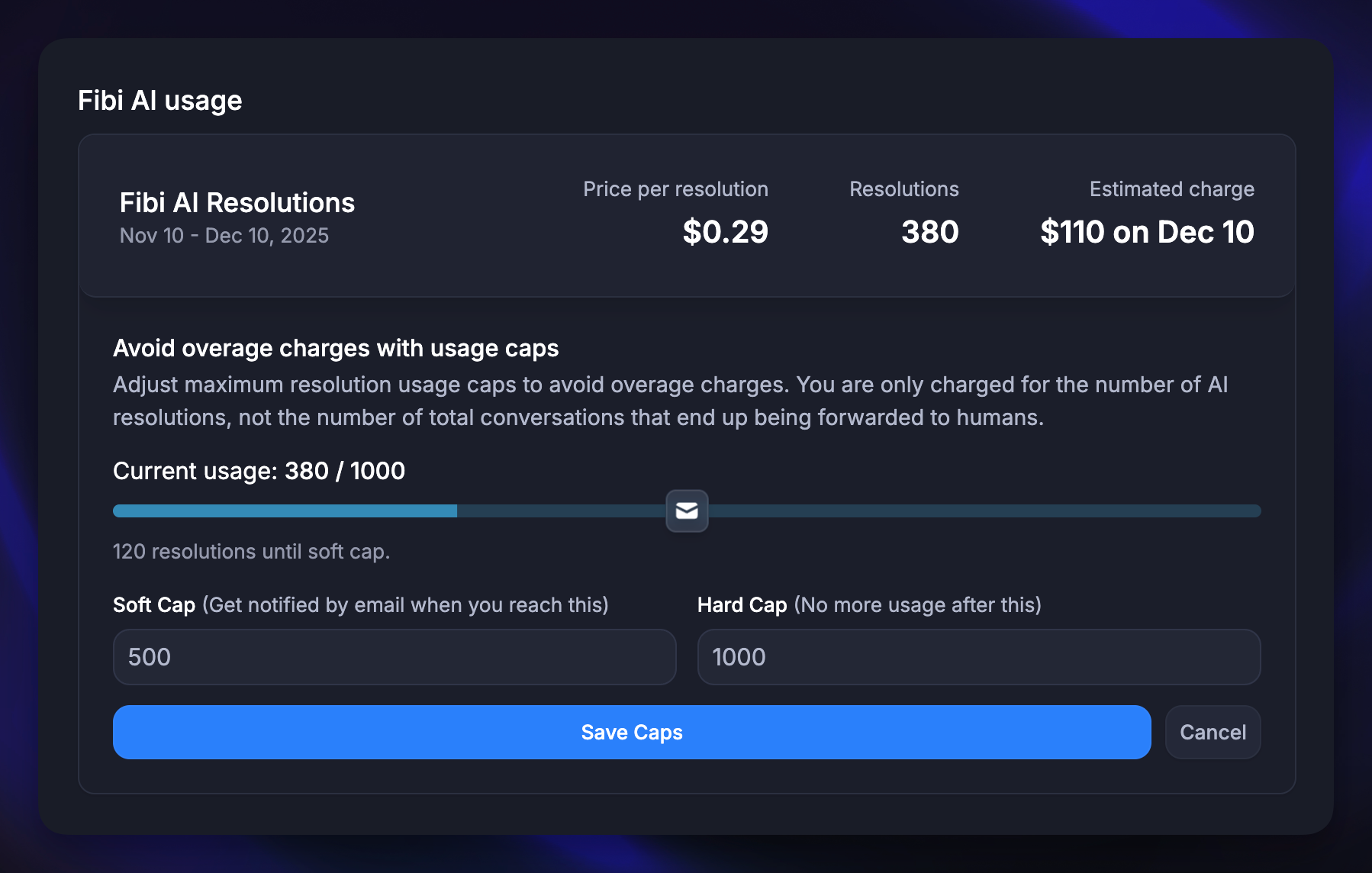 Setting Fibi AI usage alerts and limits.