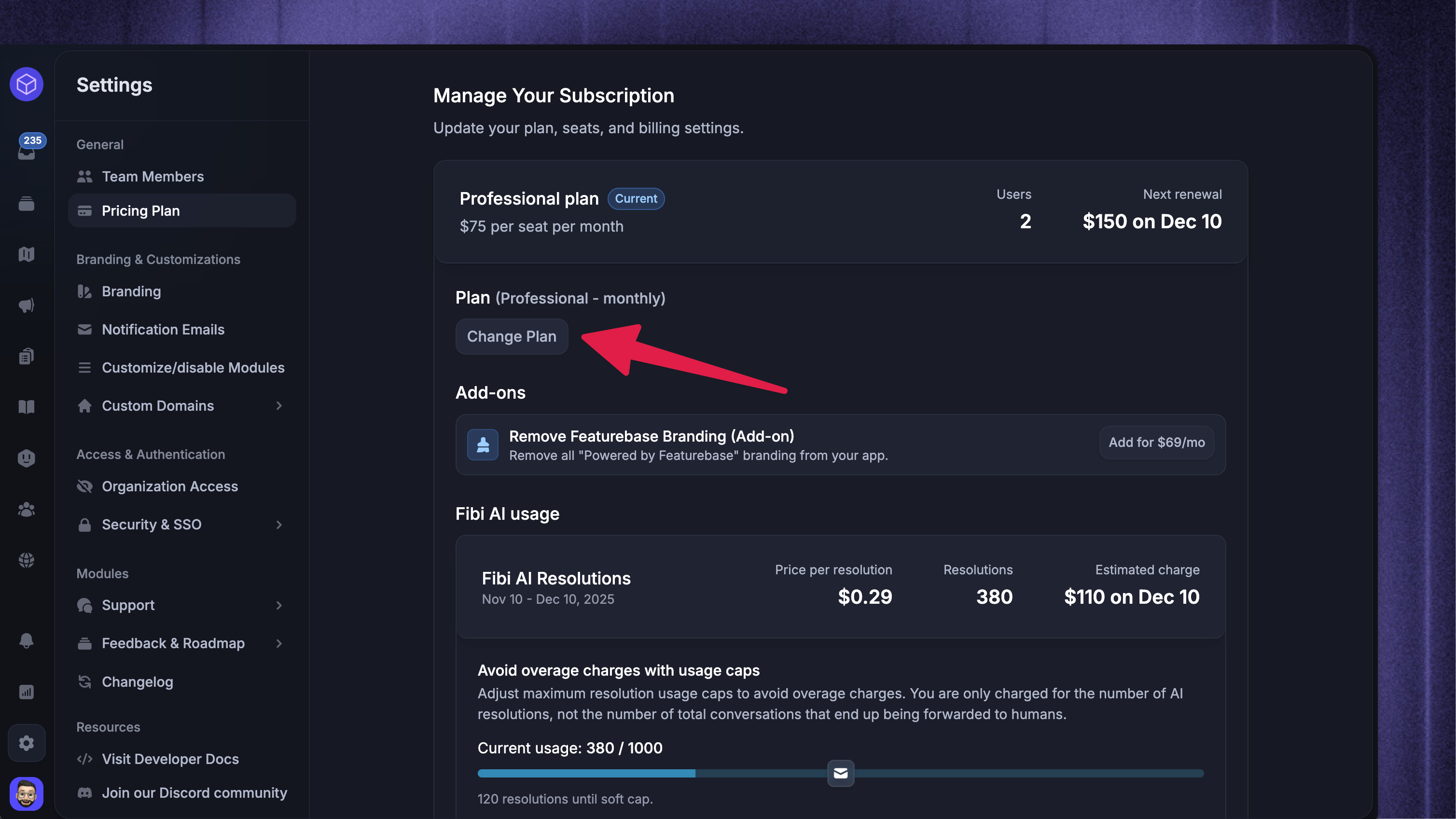 Changing your Featurebase's subscription plan.