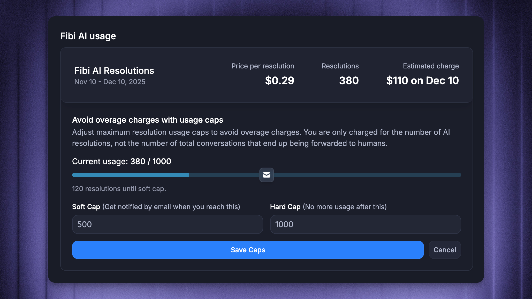 Setting Fibi AI usage alerts and limits.