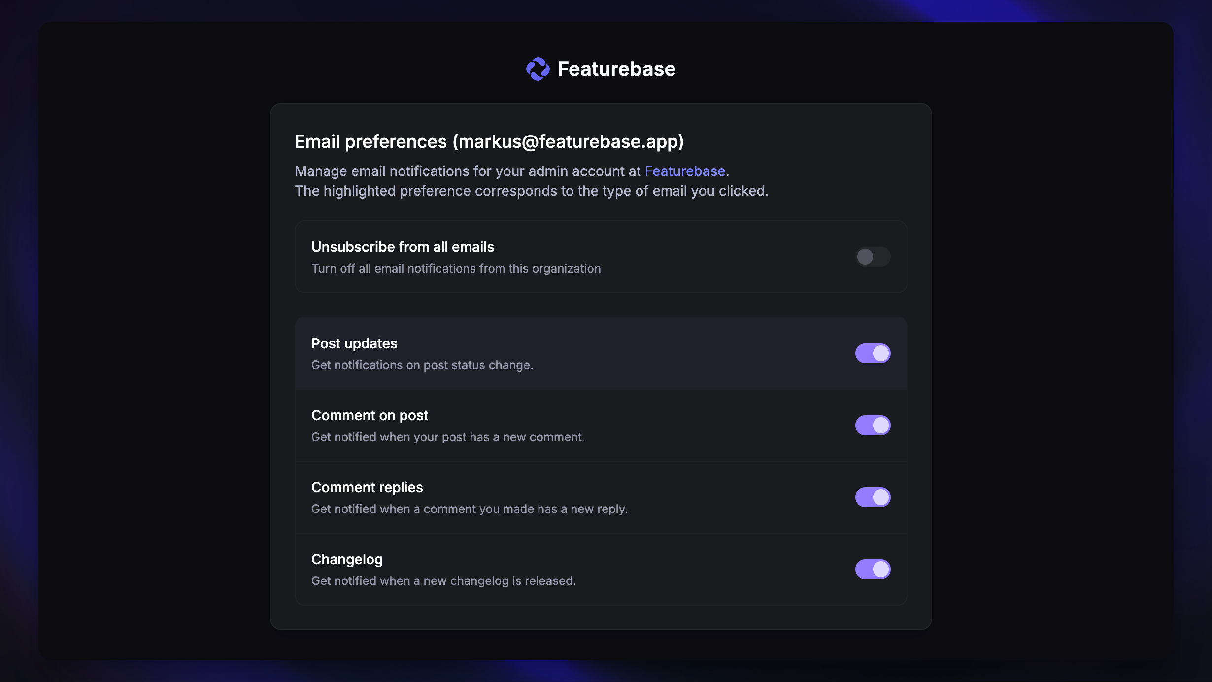 End-user email notifications configuration page.