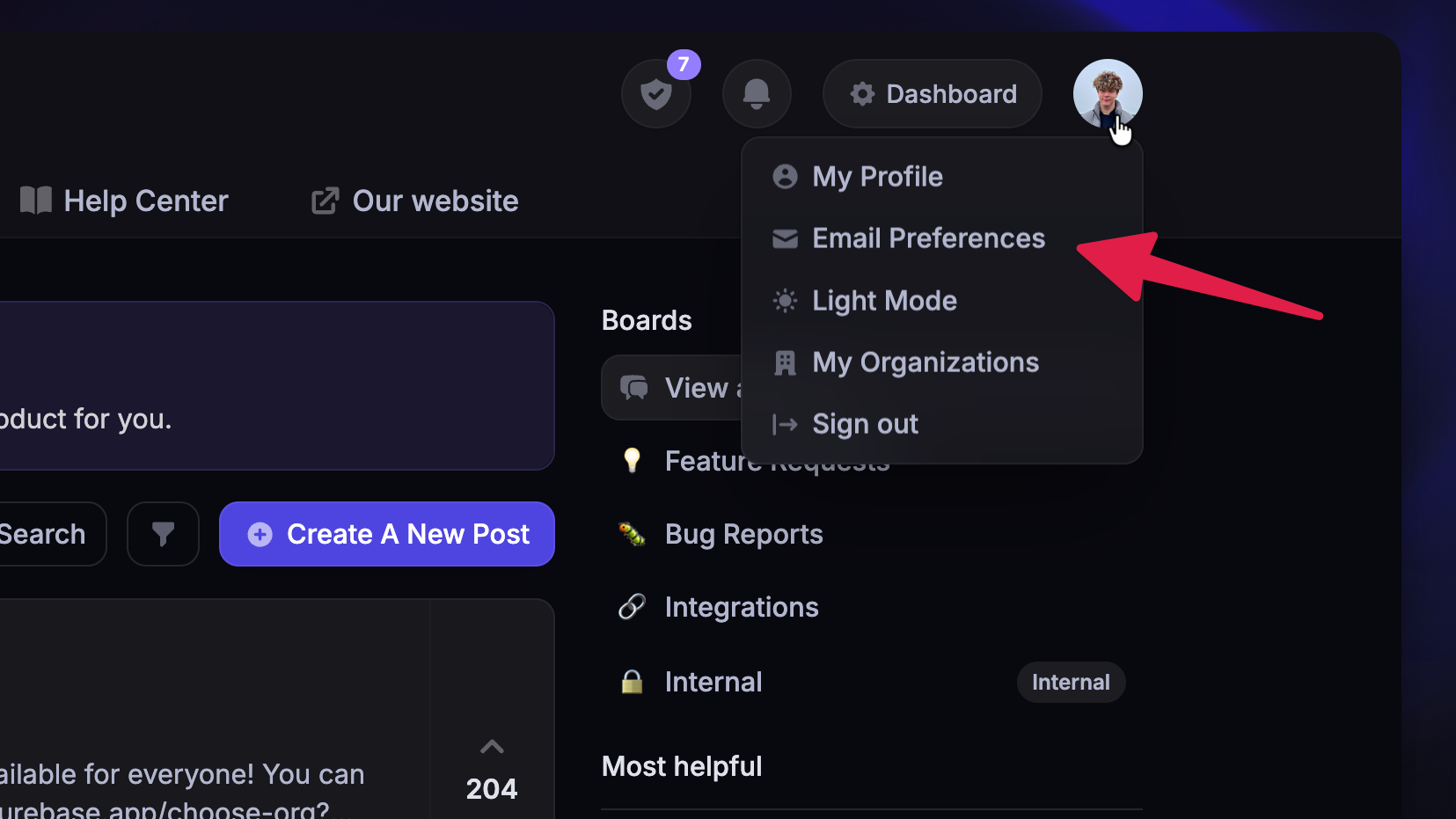 Managing email preferences from profile settings.