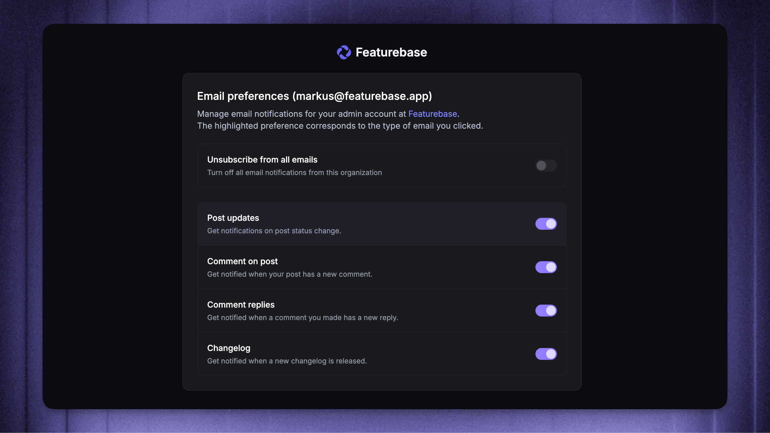 End-user email notifications configuration page.