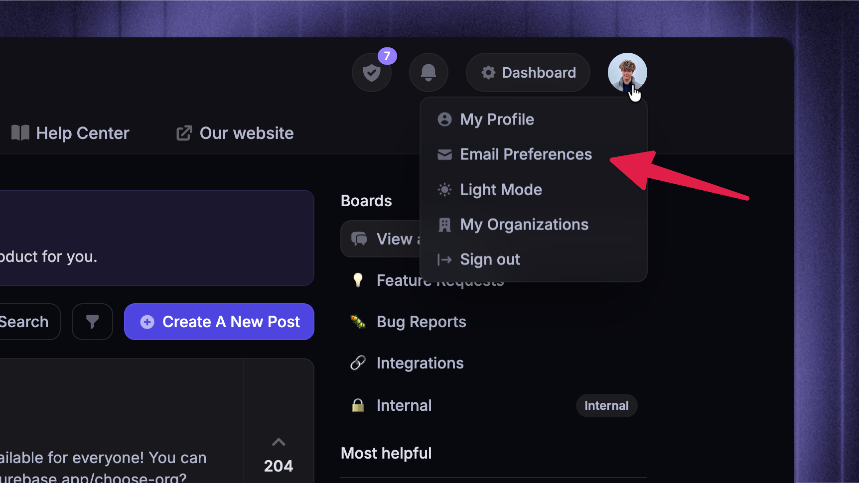 Managing email preferences from profile settings.