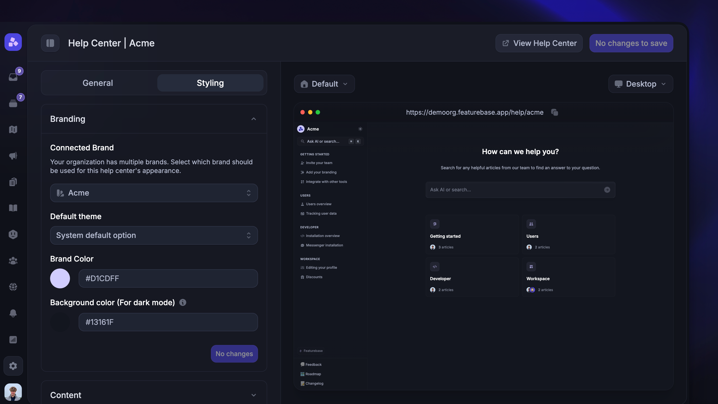 Customizing individual Help Centers in Featurebase.