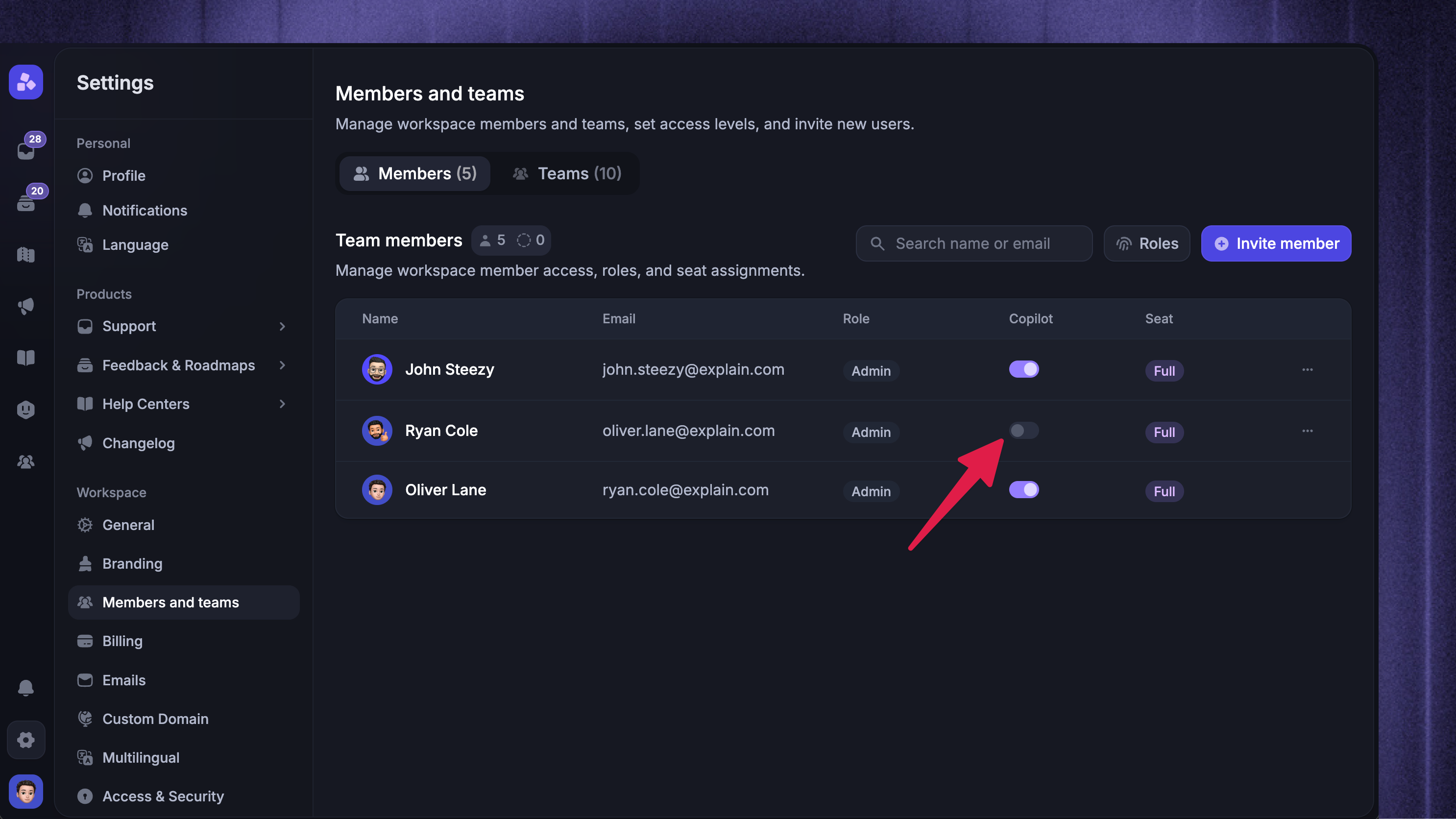 Enabling and disabling copilot add-on for teammates.
