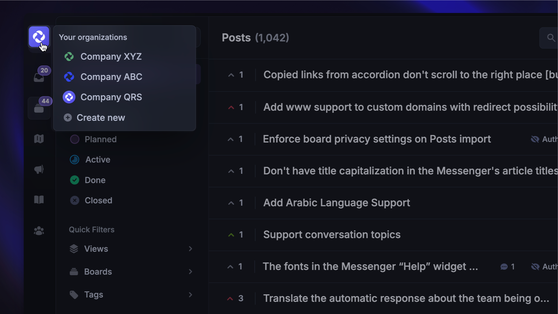 Using the Featurebase for multiple brands or products with separate workspaces.