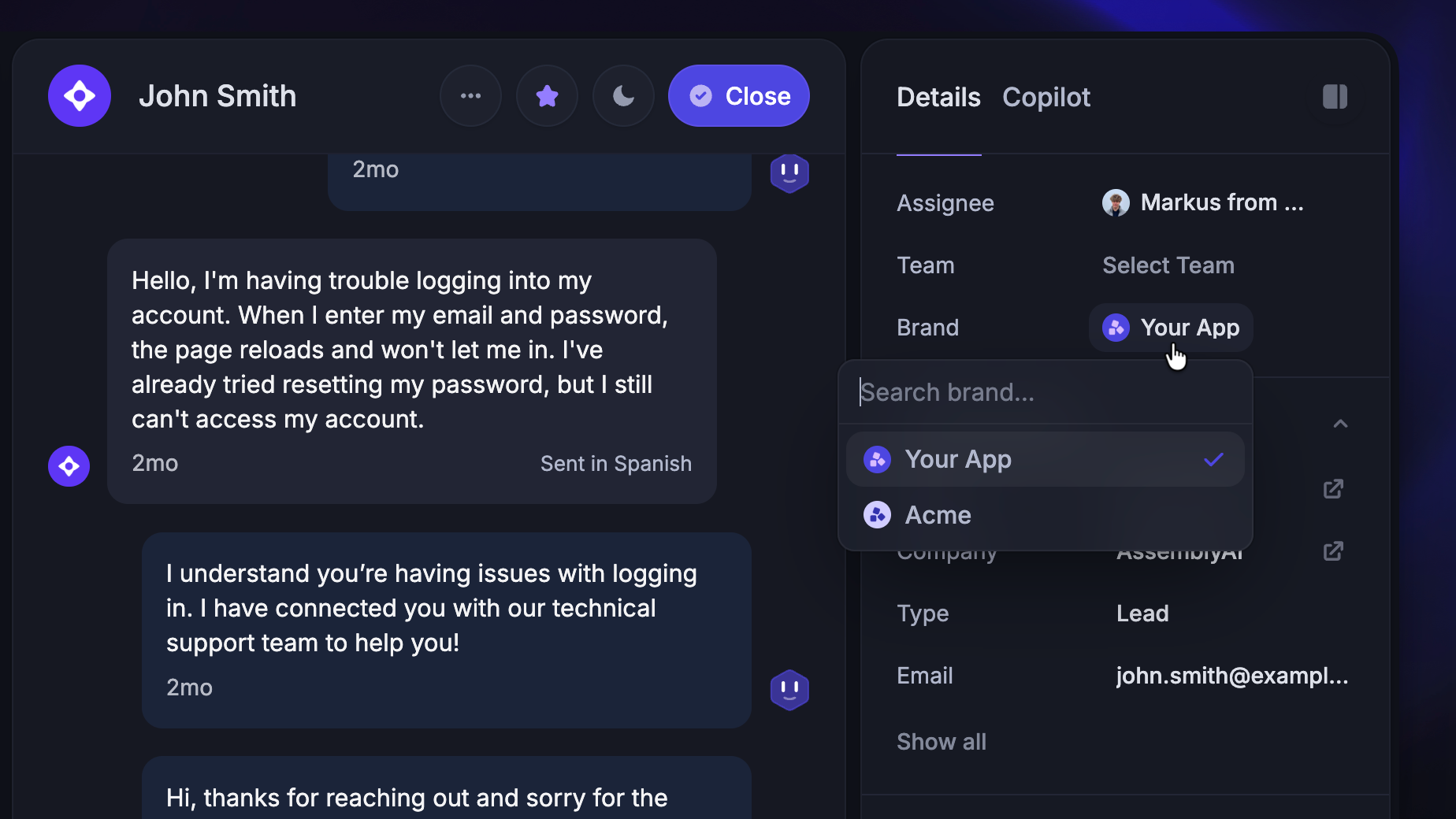 Switching the conversation's brands in the support inbox.