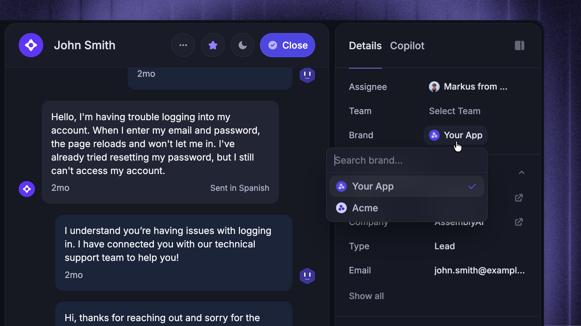 Switching the conversation's brands in the support inbox.