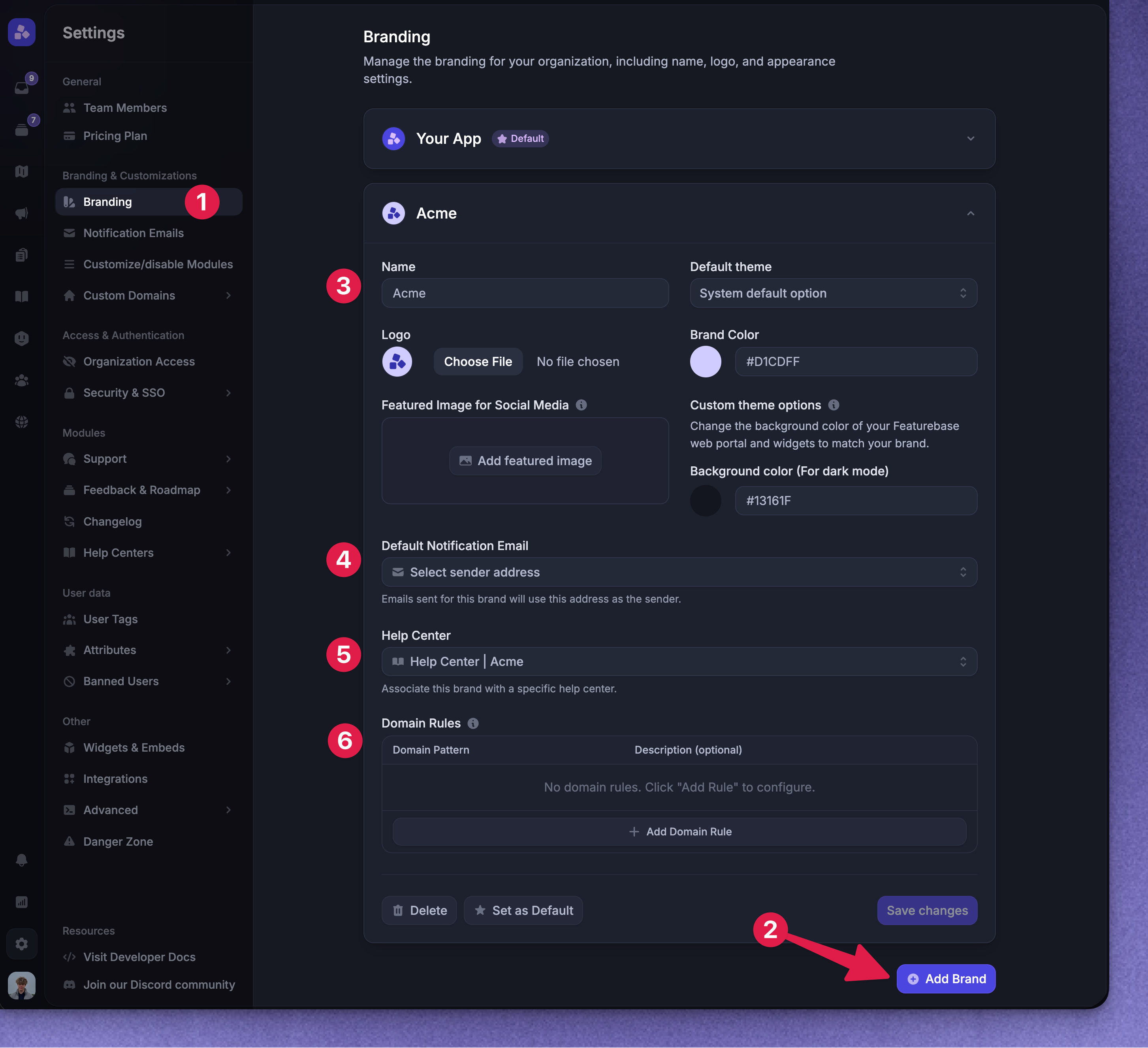 Creating multiple brands in Featurebase.