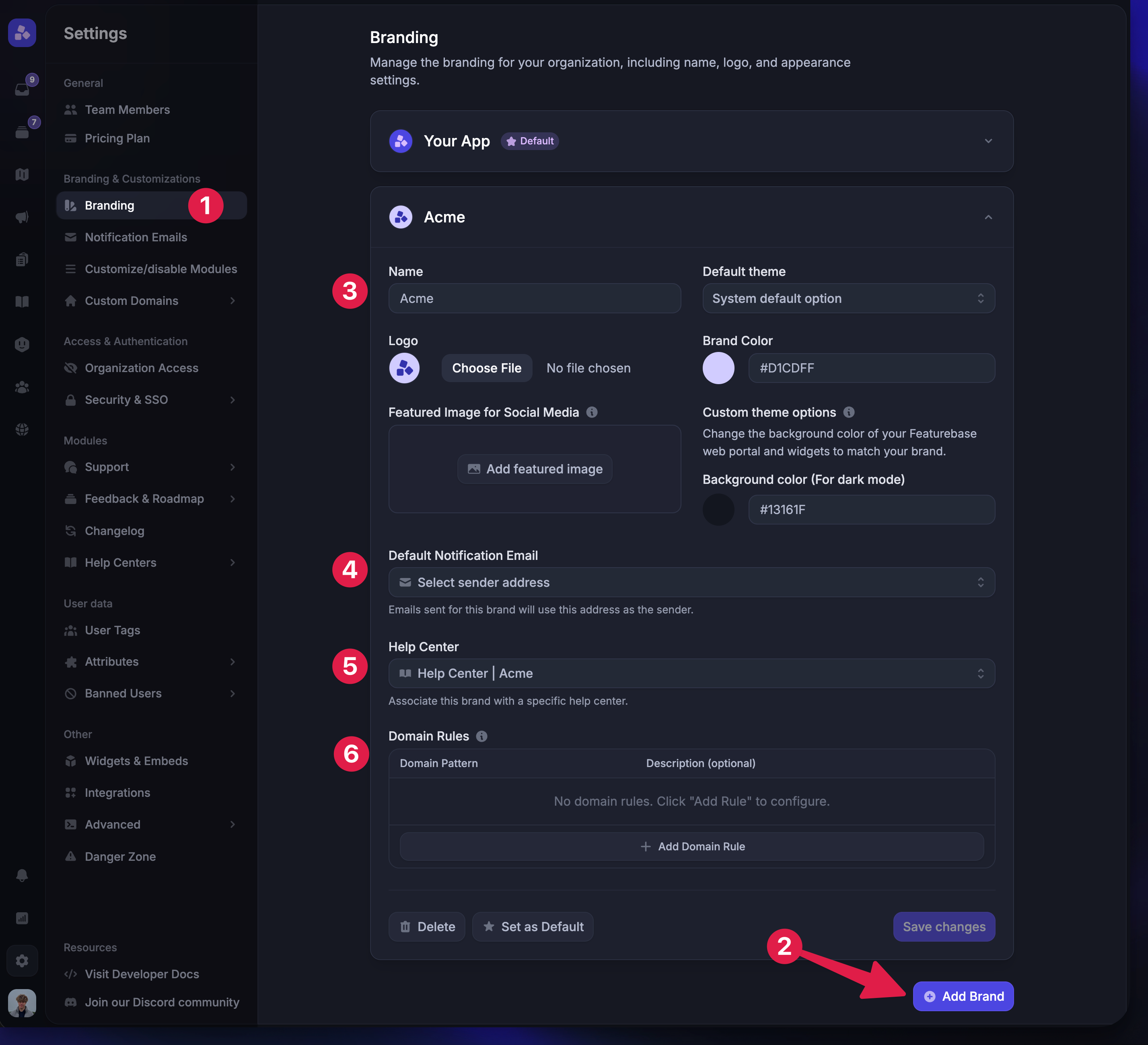 Creating multiple brands in Featurebase.