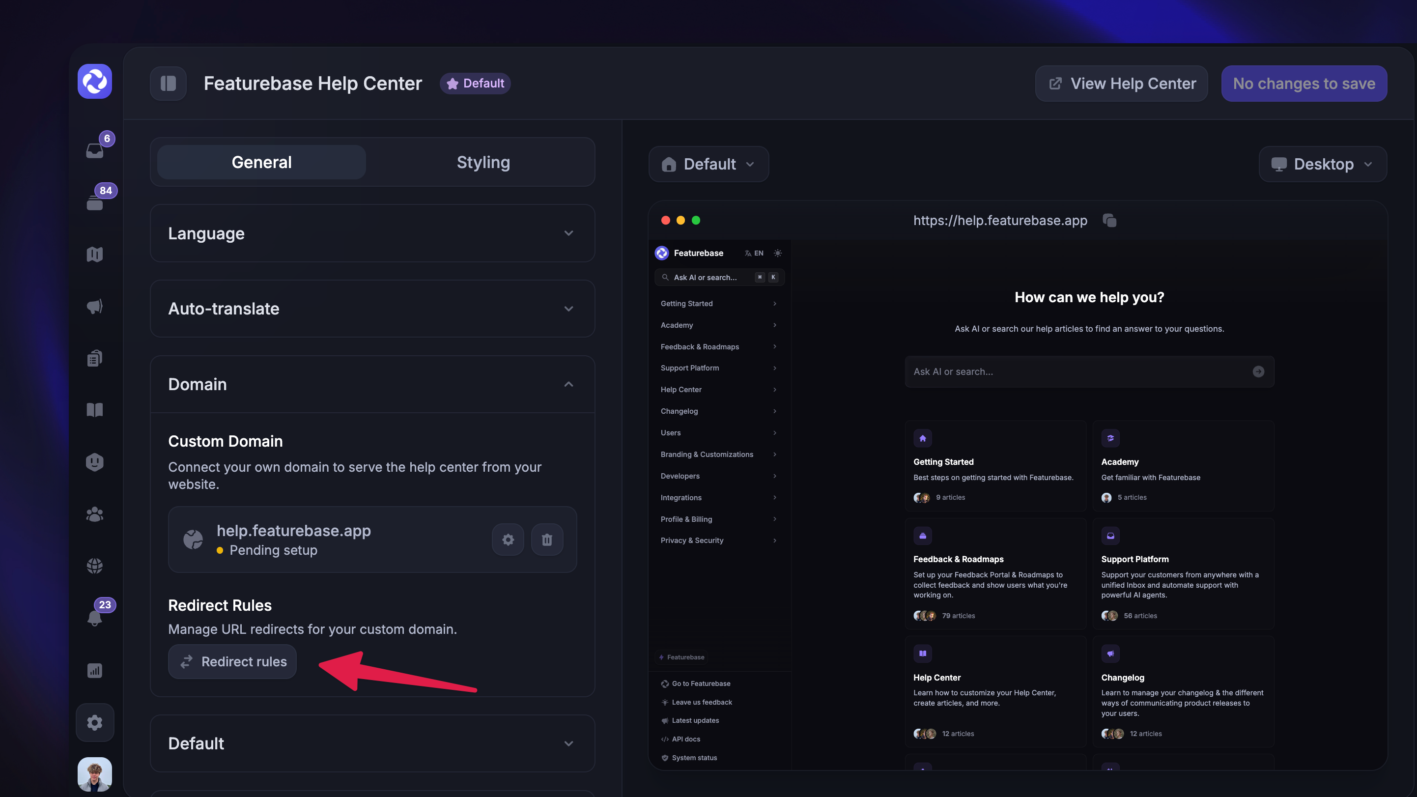 Adding redirects to your new help center in Featurebase.