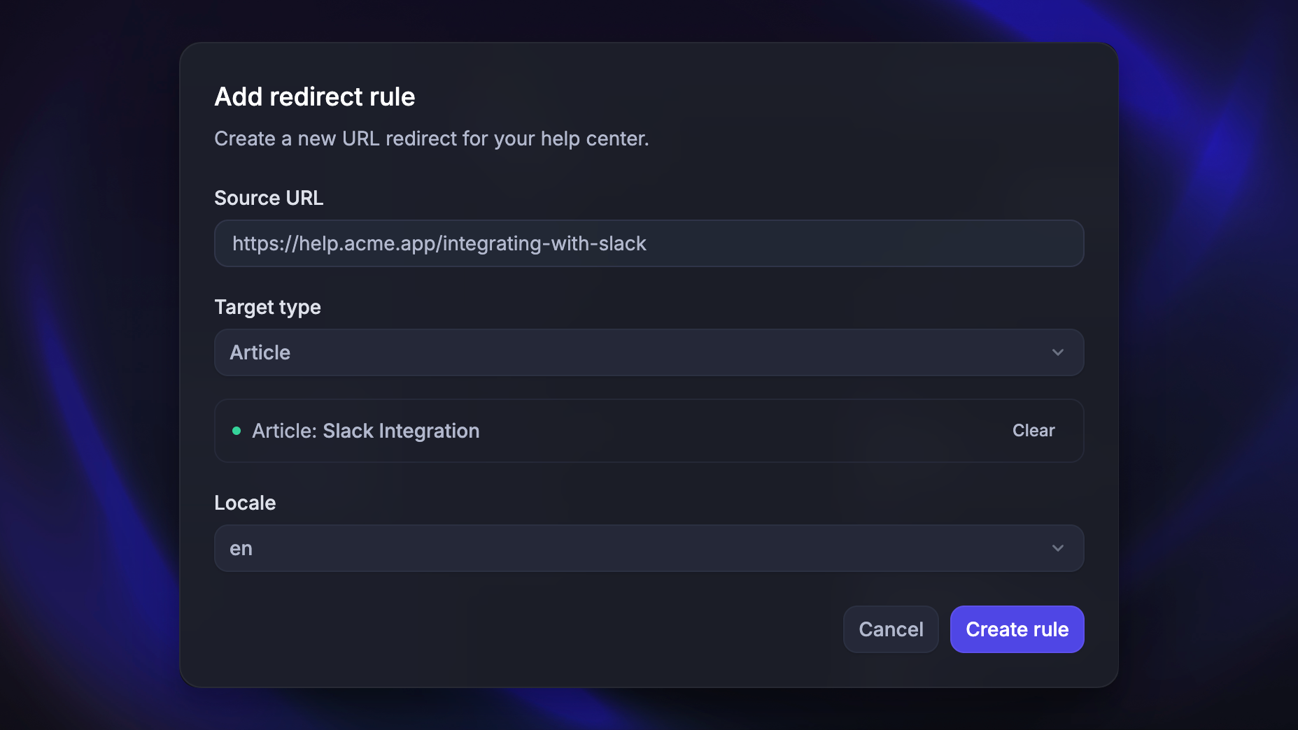 Help Center redirect rules example in the Settings.