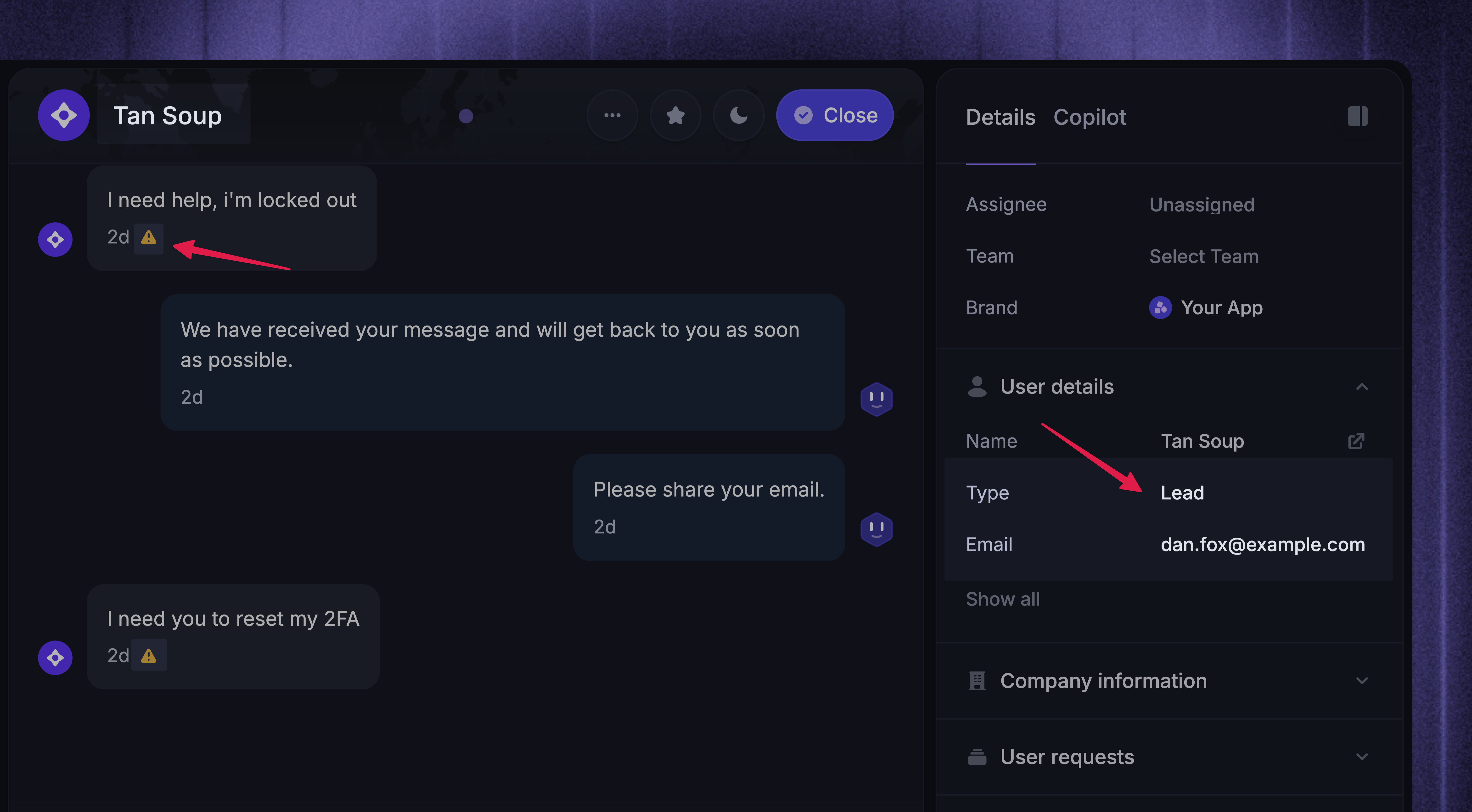 Unidentified user example in support inbox, showing Type attribute as "lead" claiming to have the same email as an existing user.