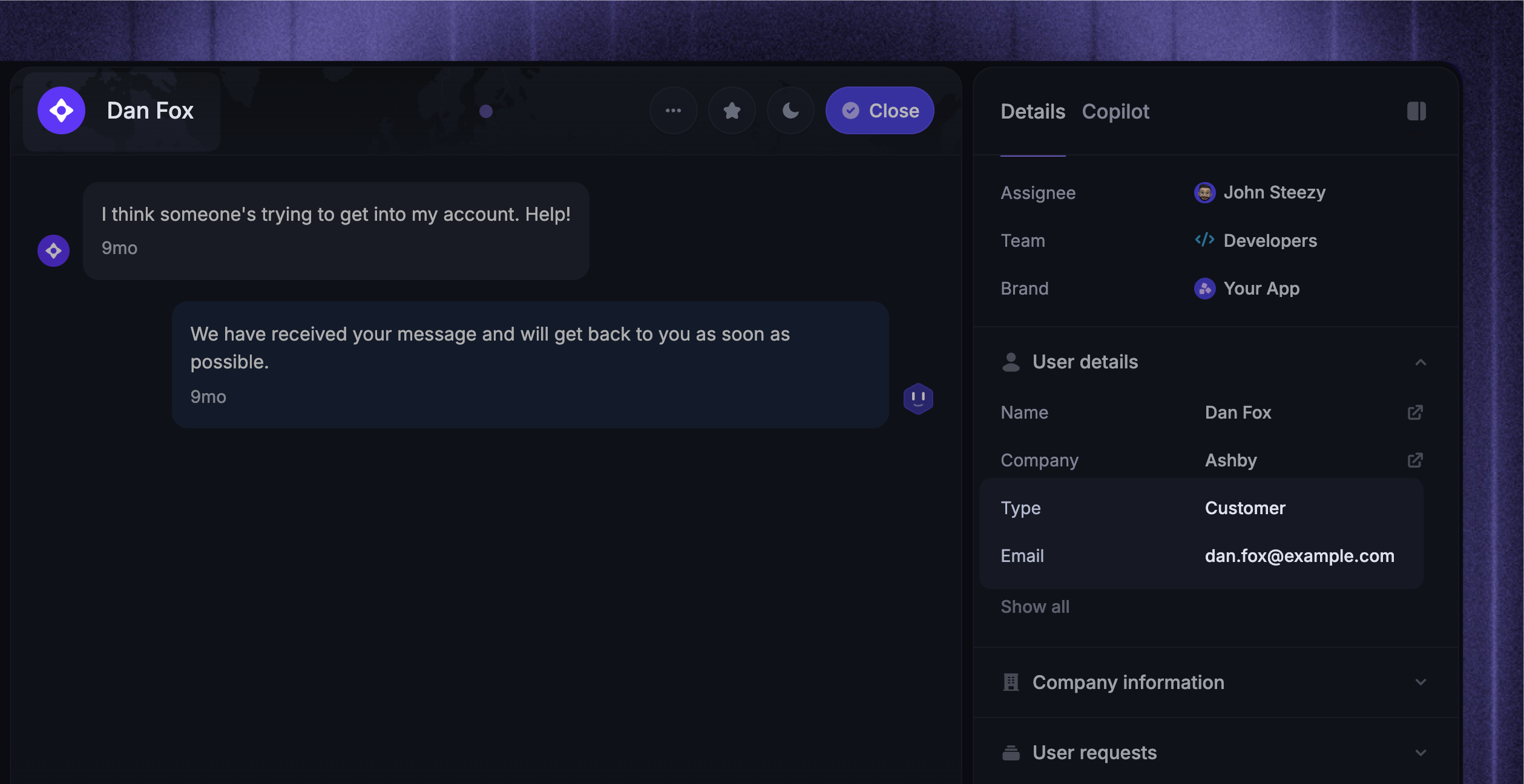 Legit user example in support inbox, showing Type attribute as "customer".
