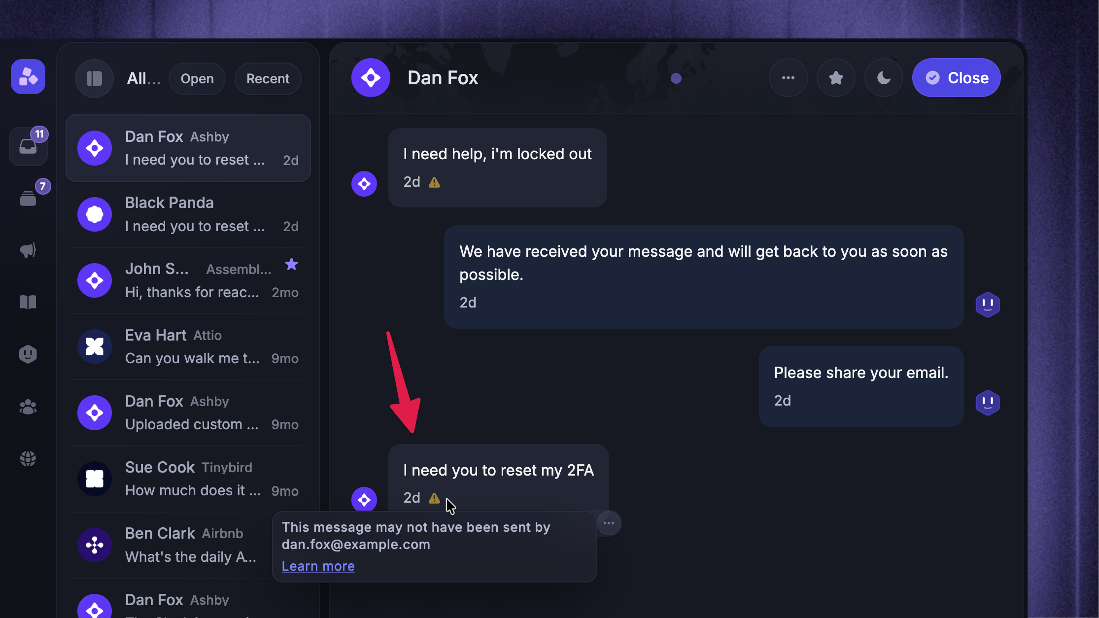 Impersonation warning in the support inbox for leads that claim to have the same email address as an existing user.