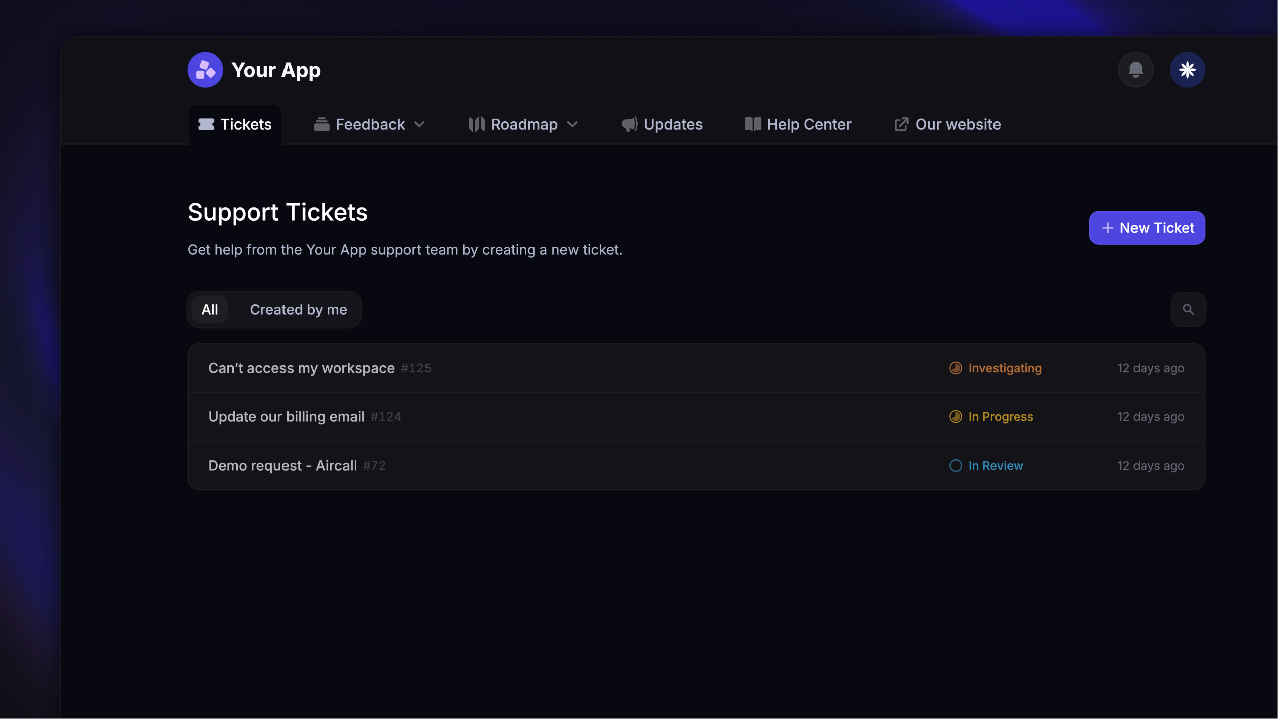 Public-facing ticketing portal in Featurebase.