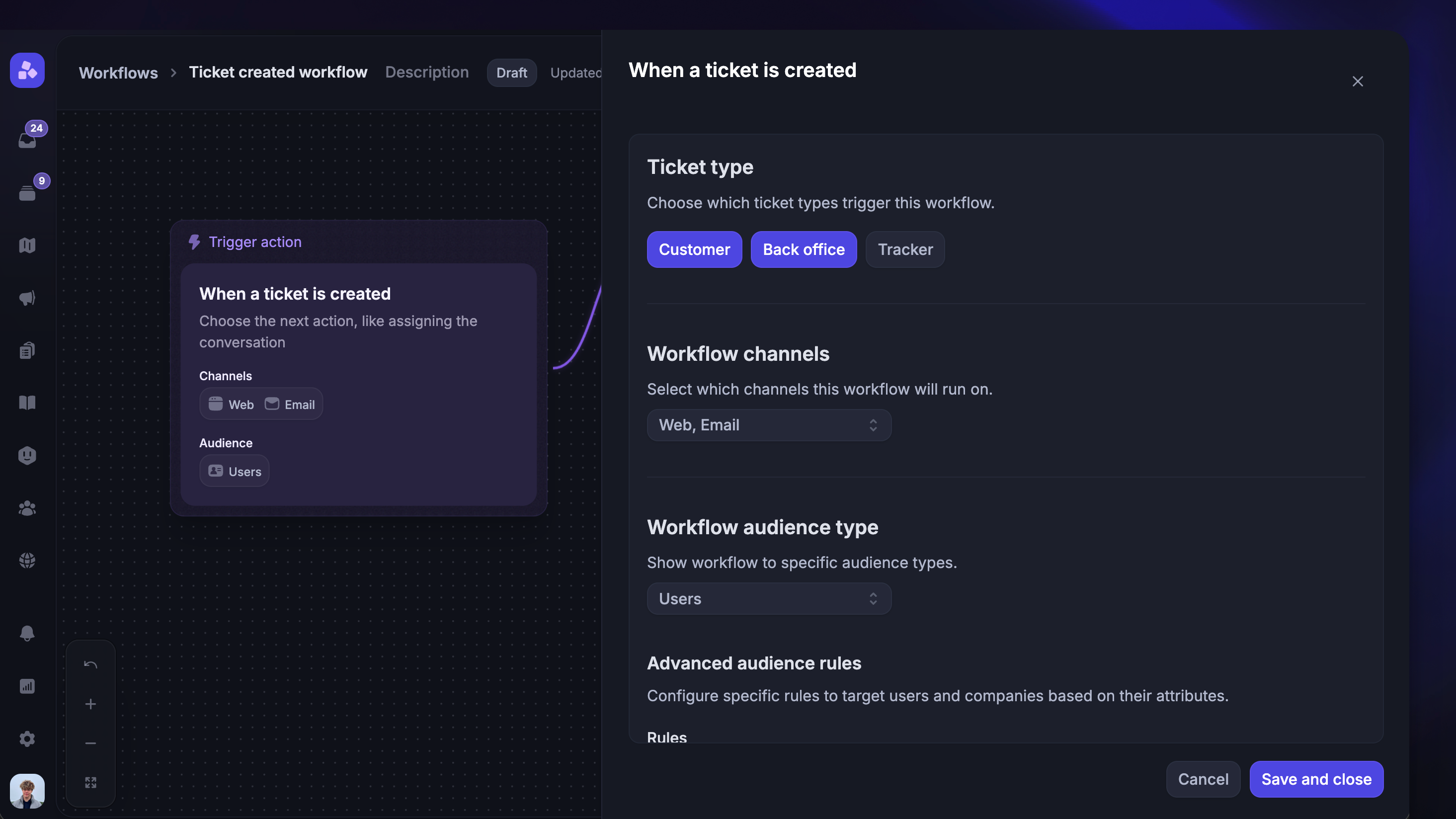 Ticketing workflow trigger settings.