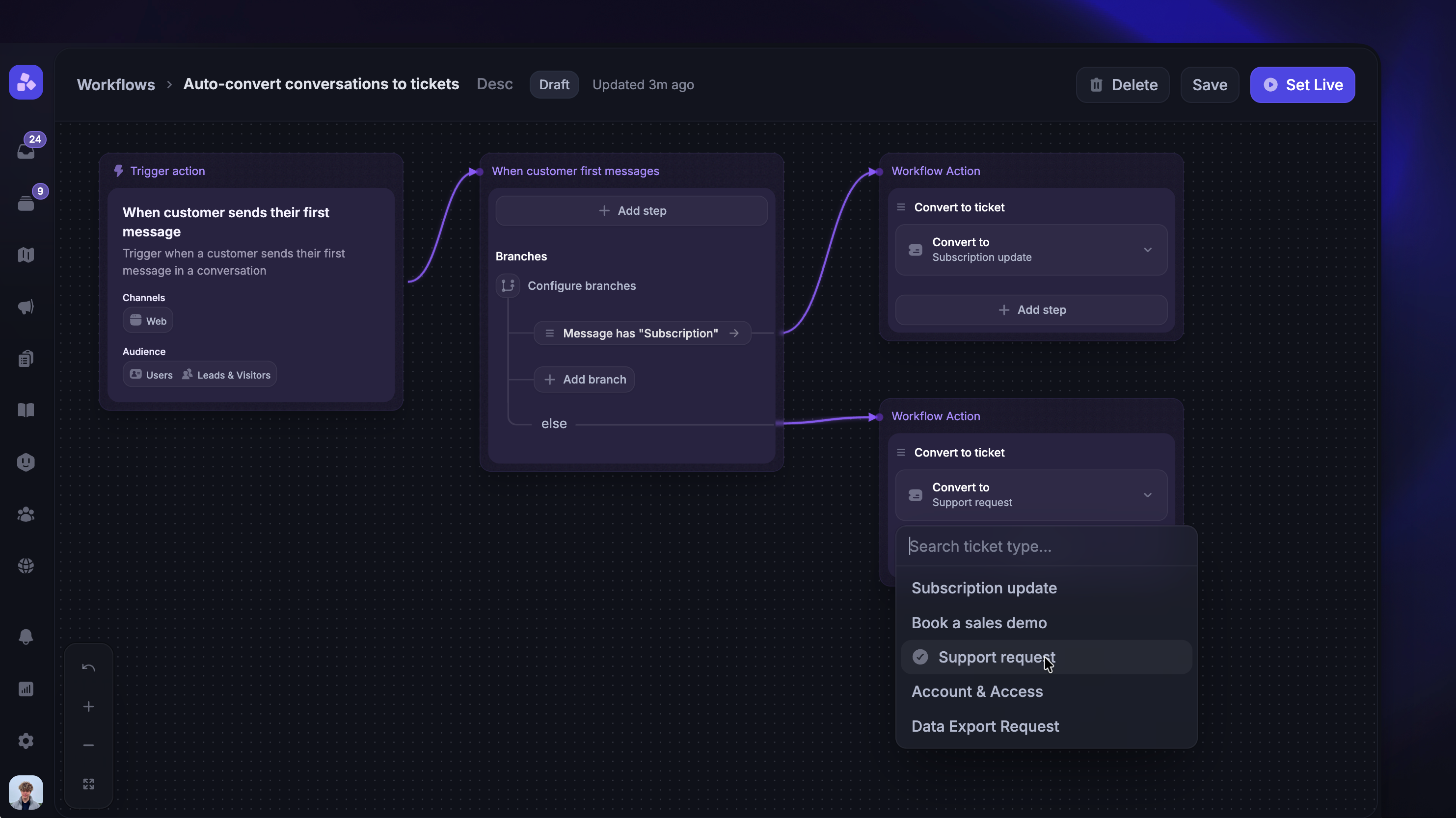 Converting conversations to customer tickets using workflows.