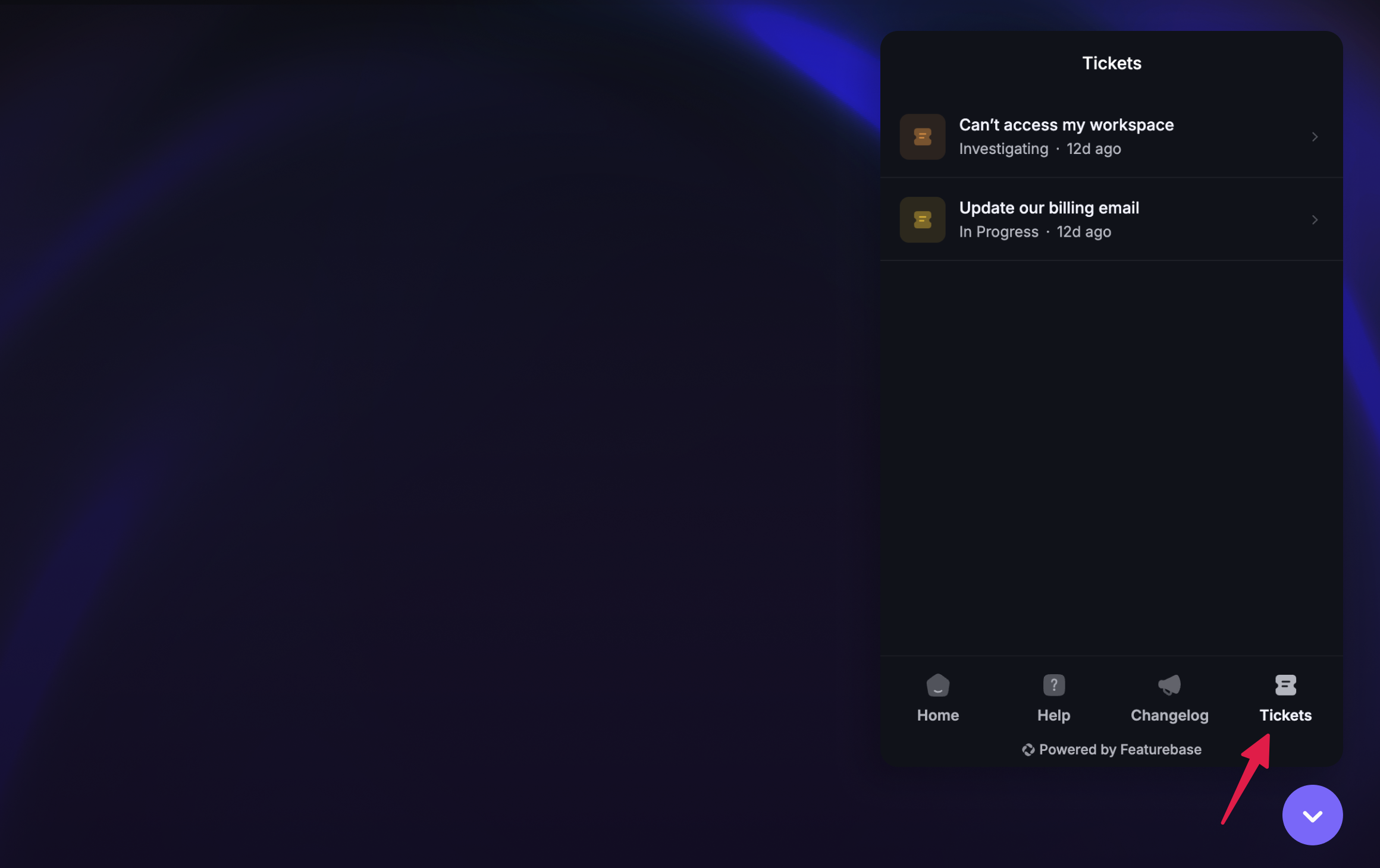 Tickets tab in the messenger widget.