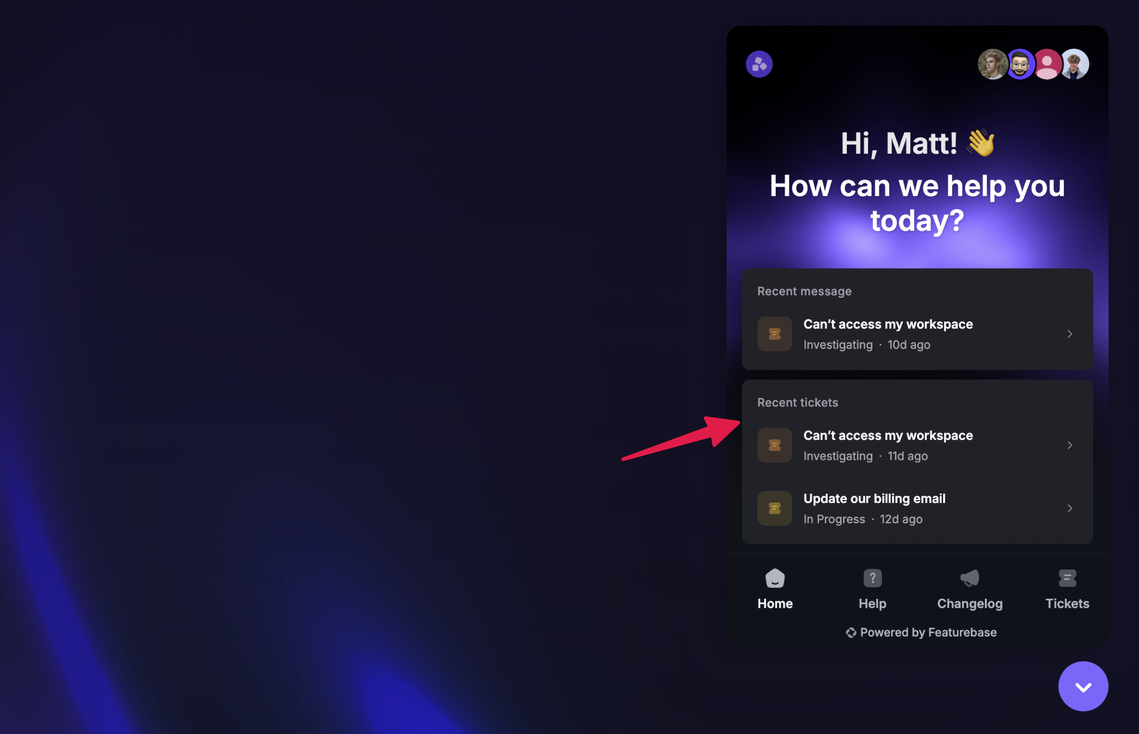 Recent tickets tab in the messenger support widget.