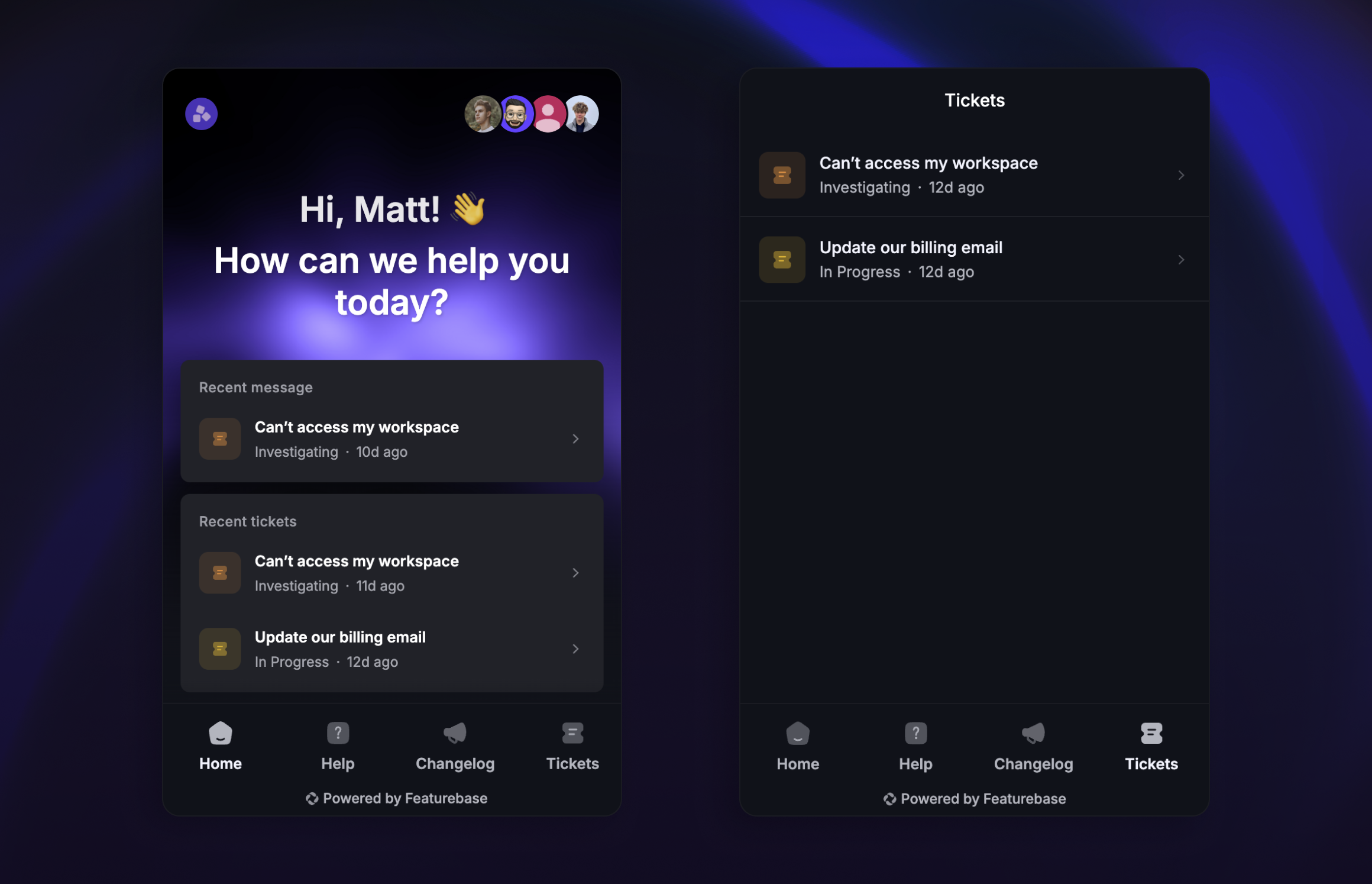 Tickets tab in the messenger widget.