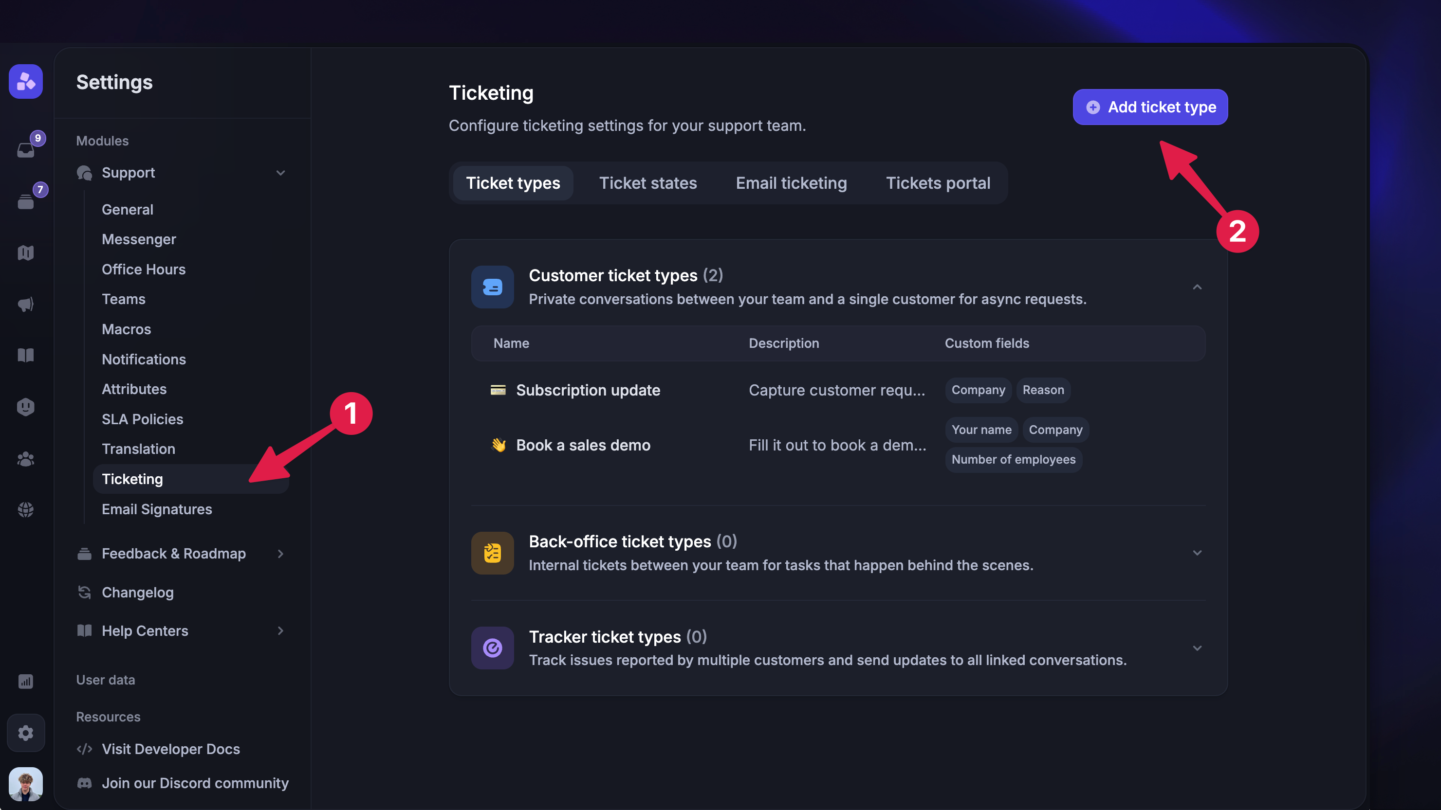 Creating a new ticket type from Ticketing settings.