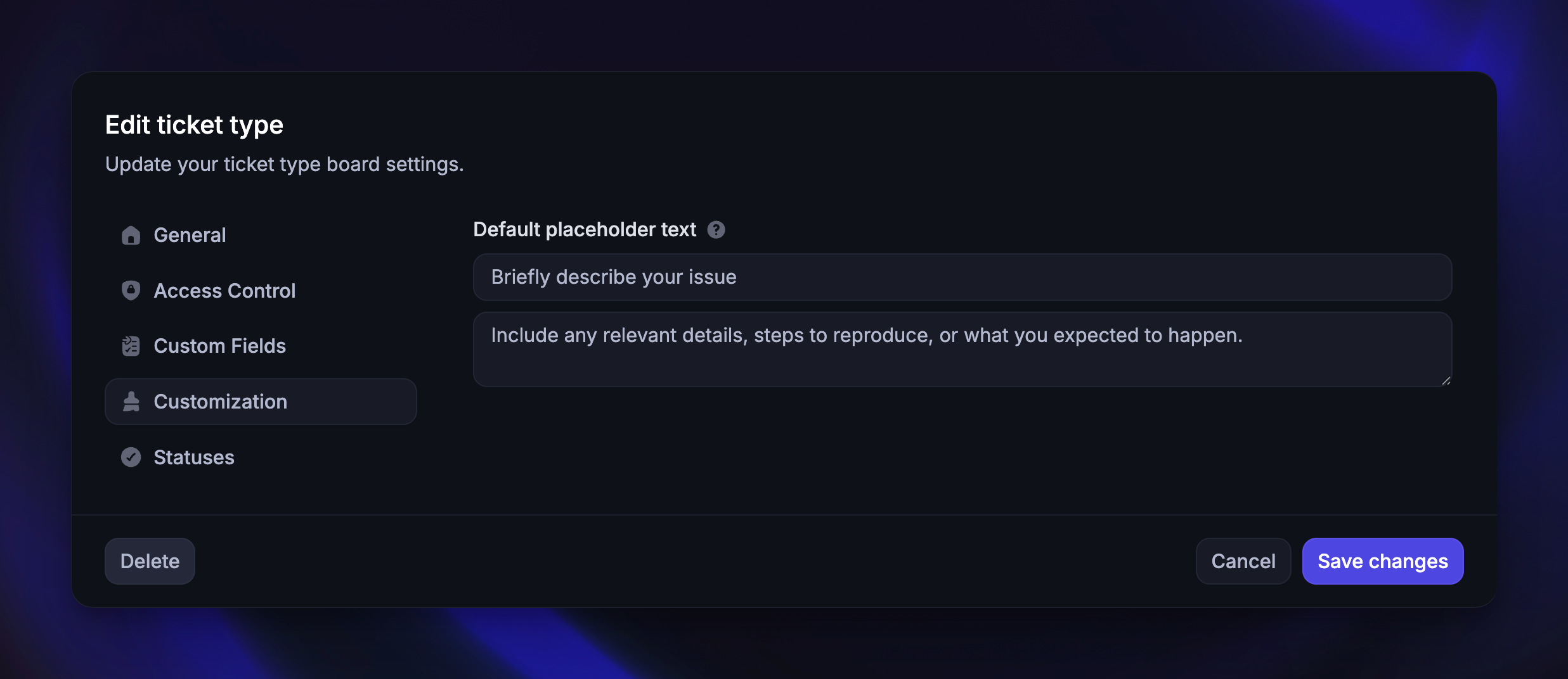 Customizing ticket type's title & description placeholder.